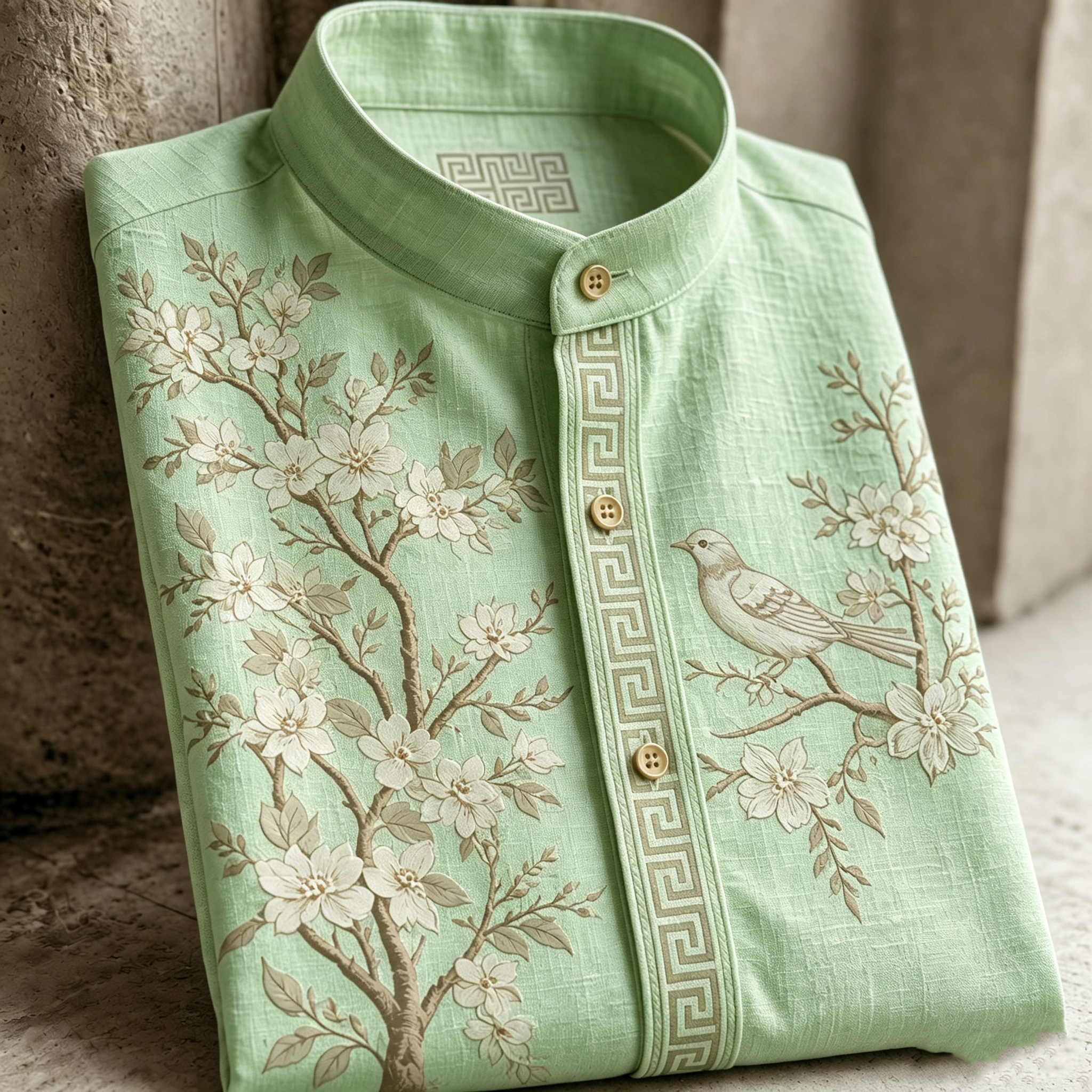 Retro Cherry Blossom And Bird Pattern Short-sleeve Shirt