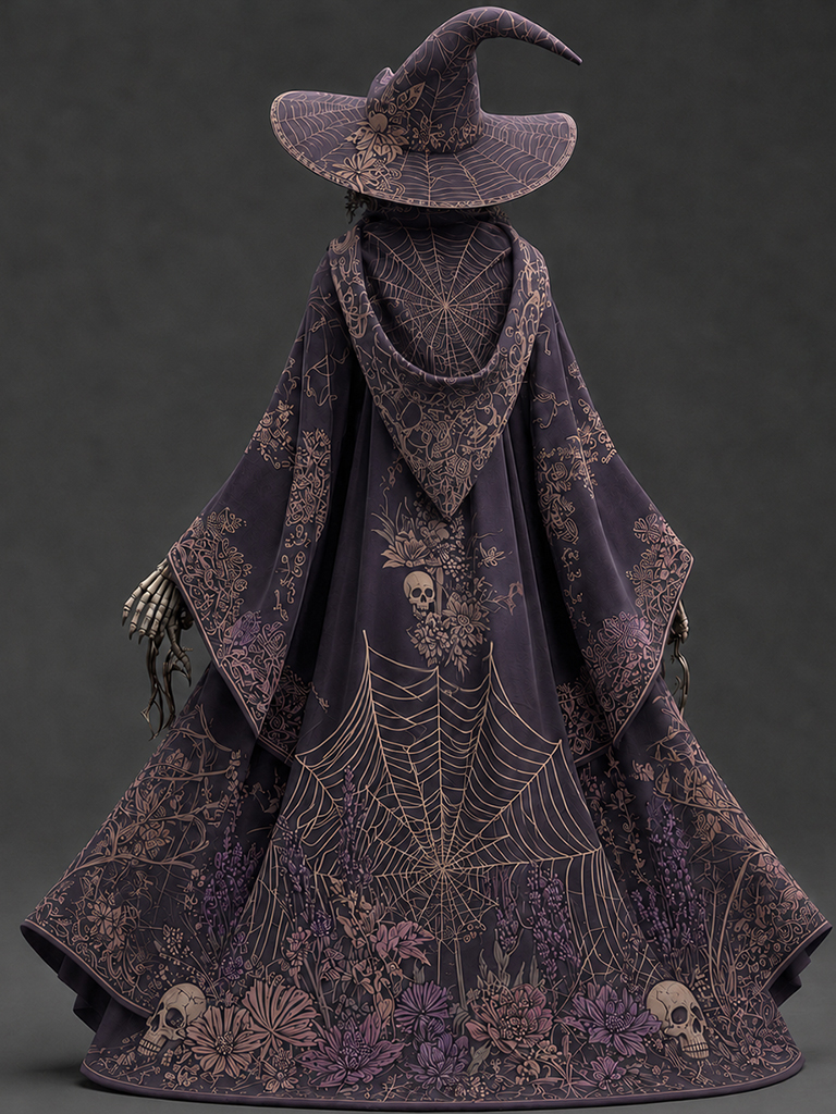 Women's Halloween Spiderweb Skull Floral  Hooded Cape