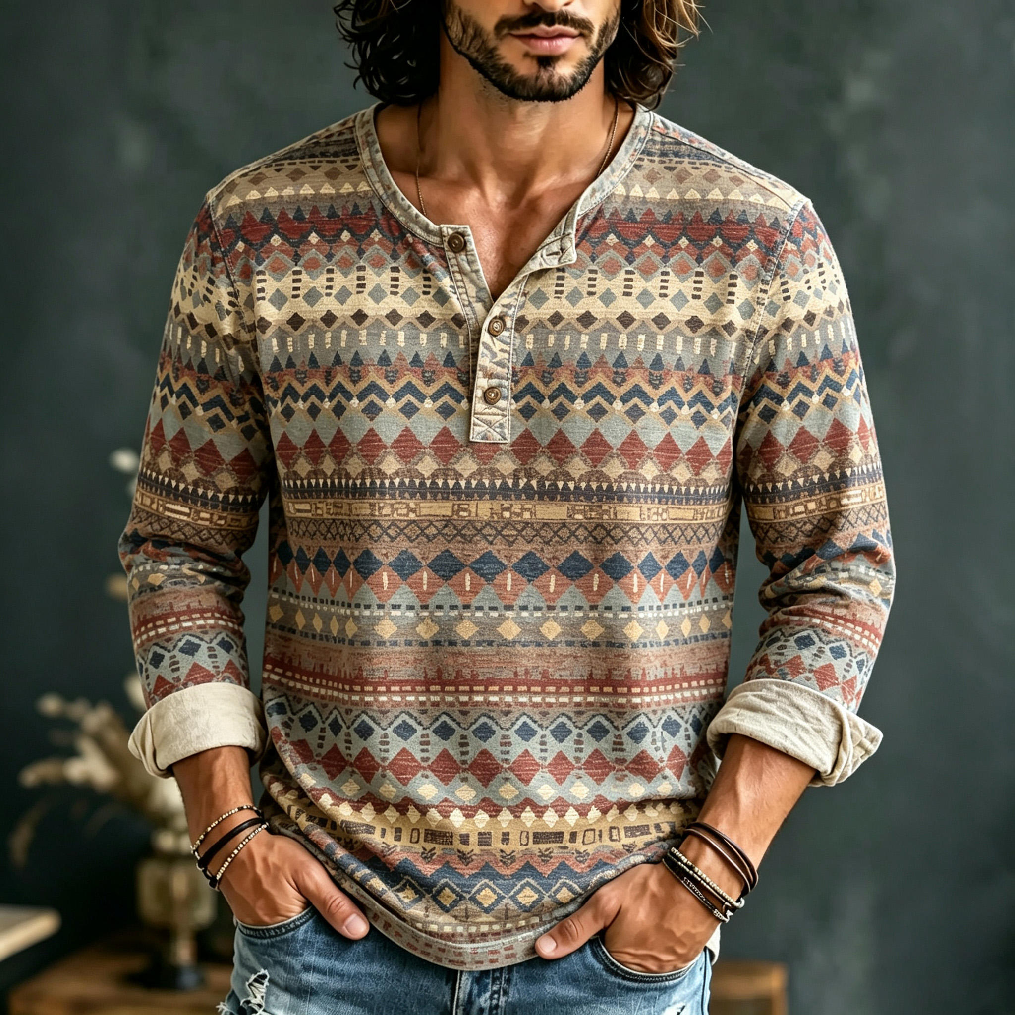 Men's Retro Geometric Striped Print Henley Collar T-shirt