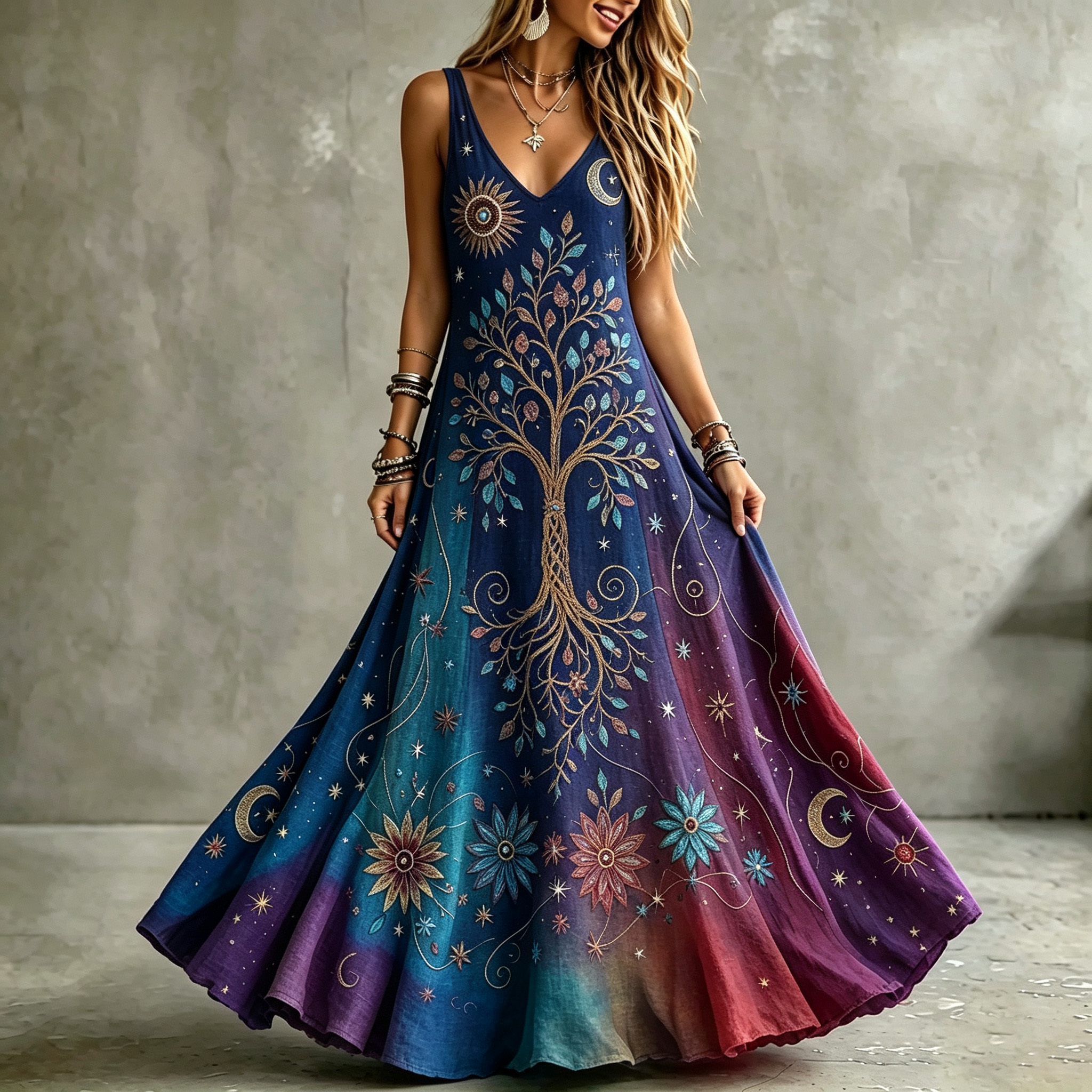 Women's Retro Sun Moon With Tree Of Life Color Gradient Art Pattern Tanks Dress