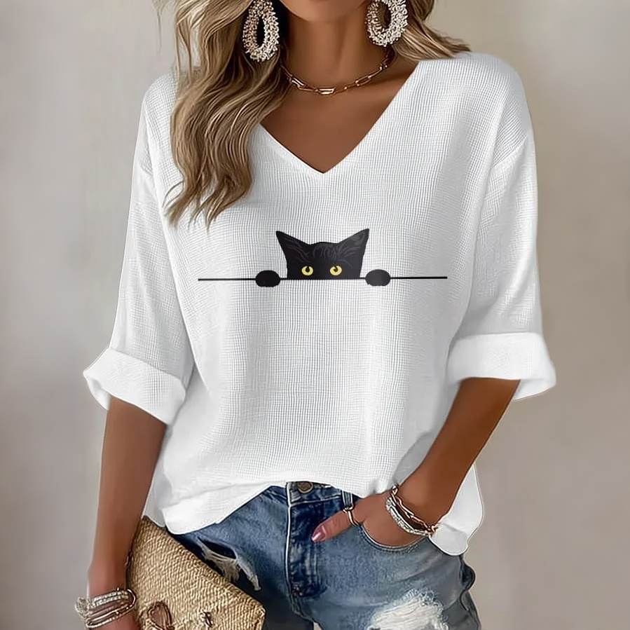 Women's Vintage Hippie Cute  Black Cat Art Print Printed Art Flowy Linen Blend Three Quarter Sleeves T-shirt