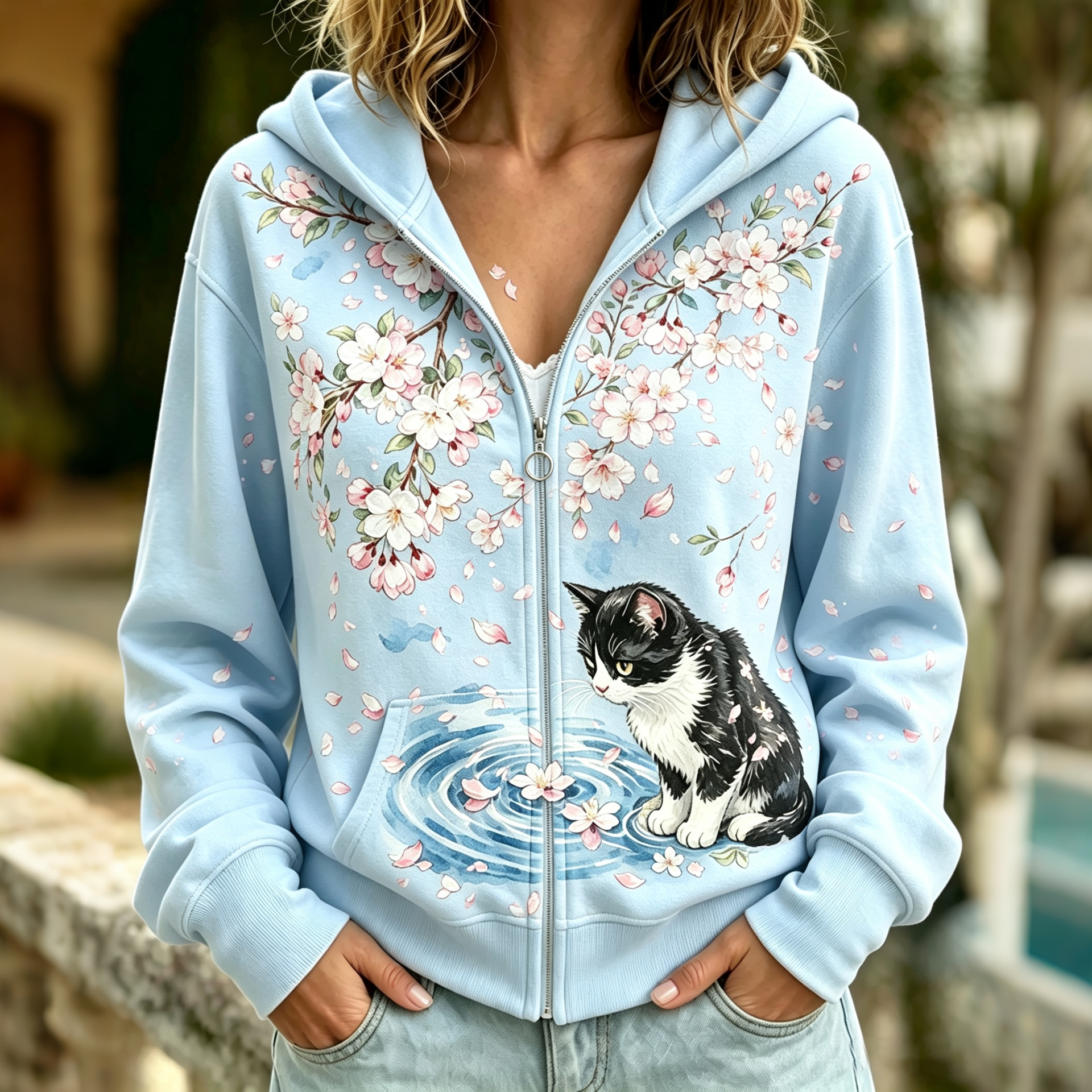 Women's Retro Cherry Blossoms And Cats Print Casual Warm Zip-up Hoodie