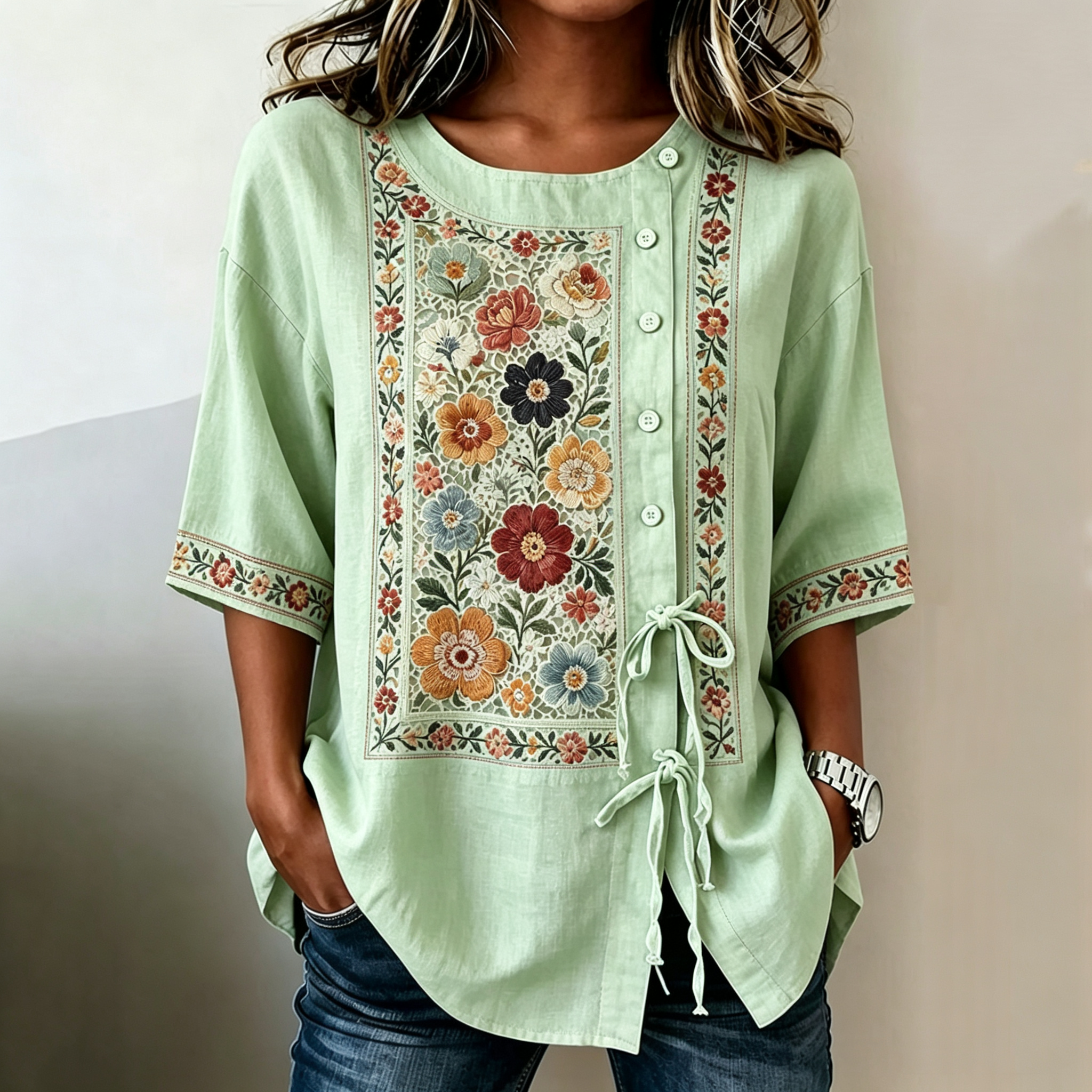 Women's Retro Bohemian Floral Design Short-sleeve Top