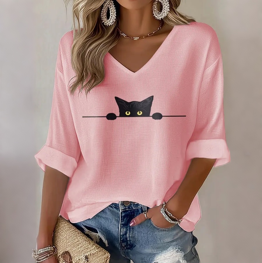 Women's Vintage Hippie Cute  Black Cat Art Print Printed Art Flowy Linen Blend Three Quarter Sleeves T-shirt