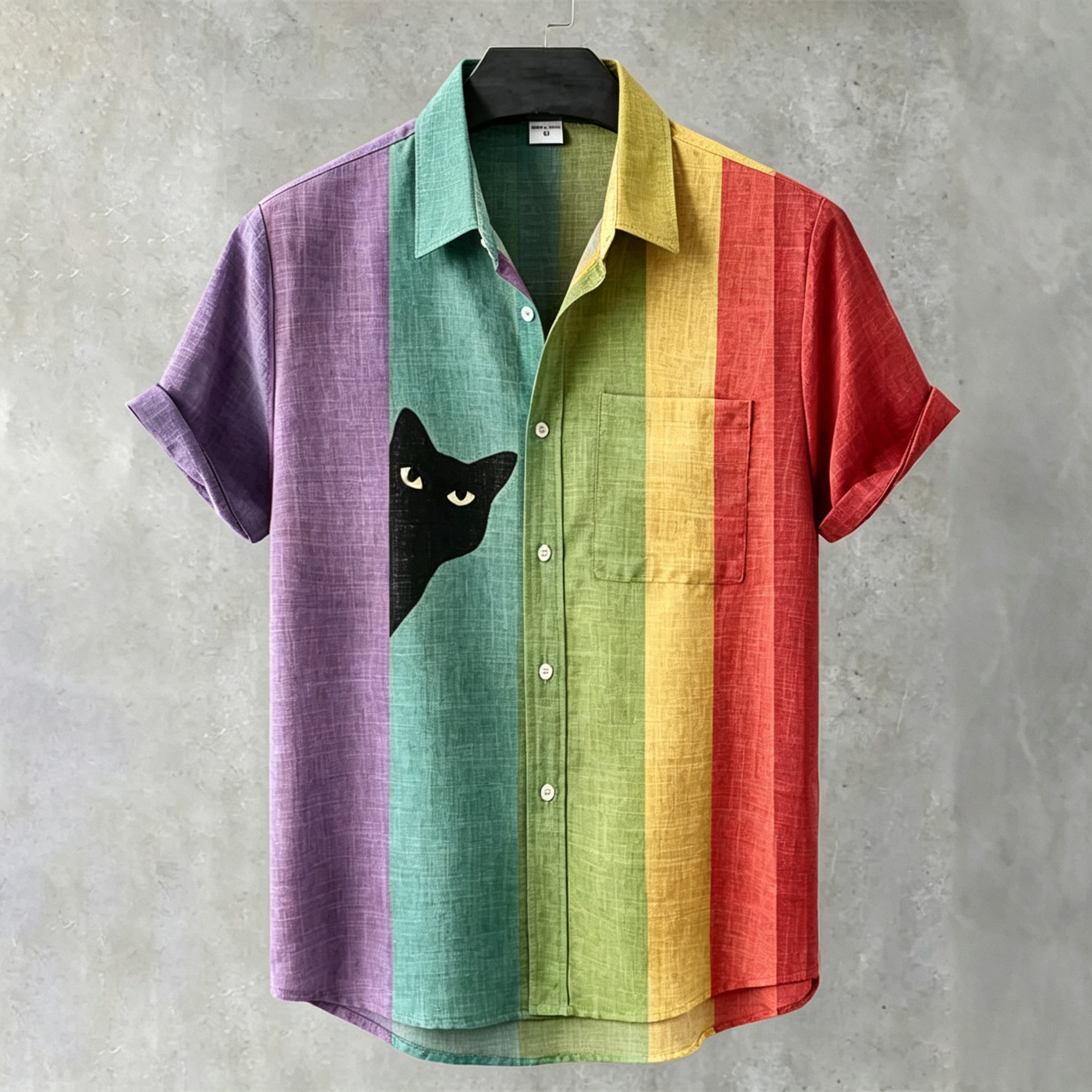 Men's Vintage Black Cat Contrast Stripes Short Sleeve Collared Shirt