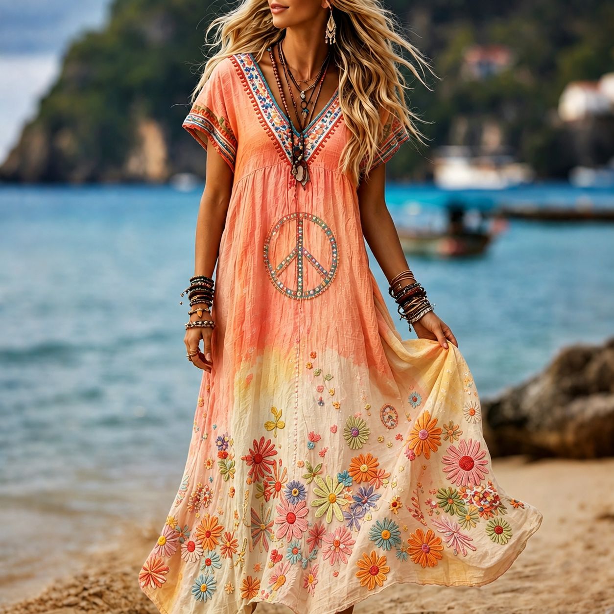 Women's Retro Hippie Peace Floral Embroidery Art V Neck Short Sleeve Linen Blend Maxi Dress