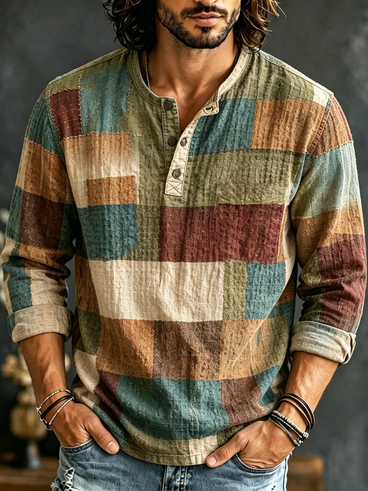 Men's Retro Plaid Color Block Print Long-sleeve Cotton Linen Top