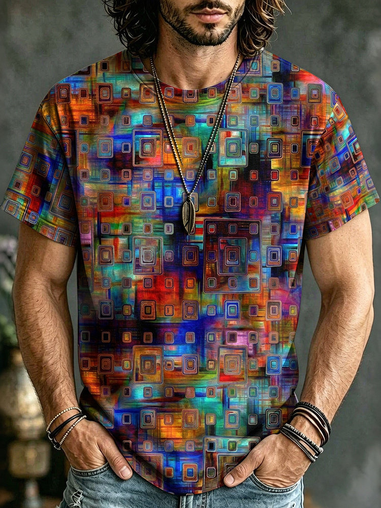 Men's Retro Geometry Gradient Print Short-sleeve T-shirt