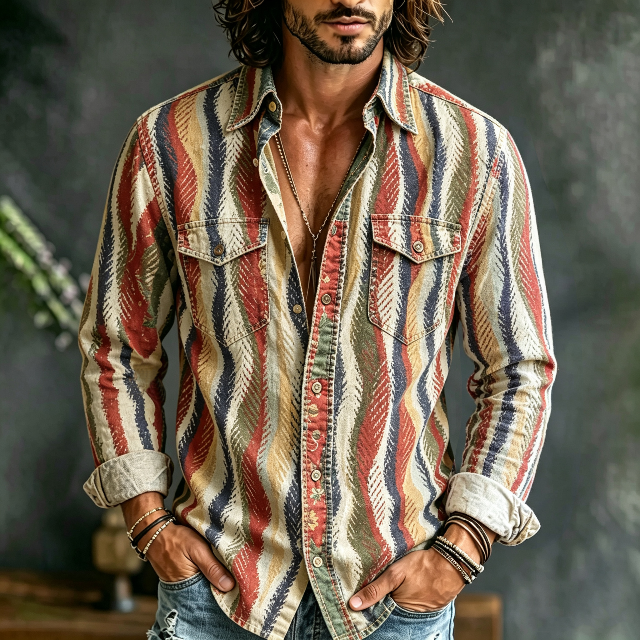 Men's Hippie Retro Distressed Ethnic Print Cotton And Linen Long-sleeved Shirt