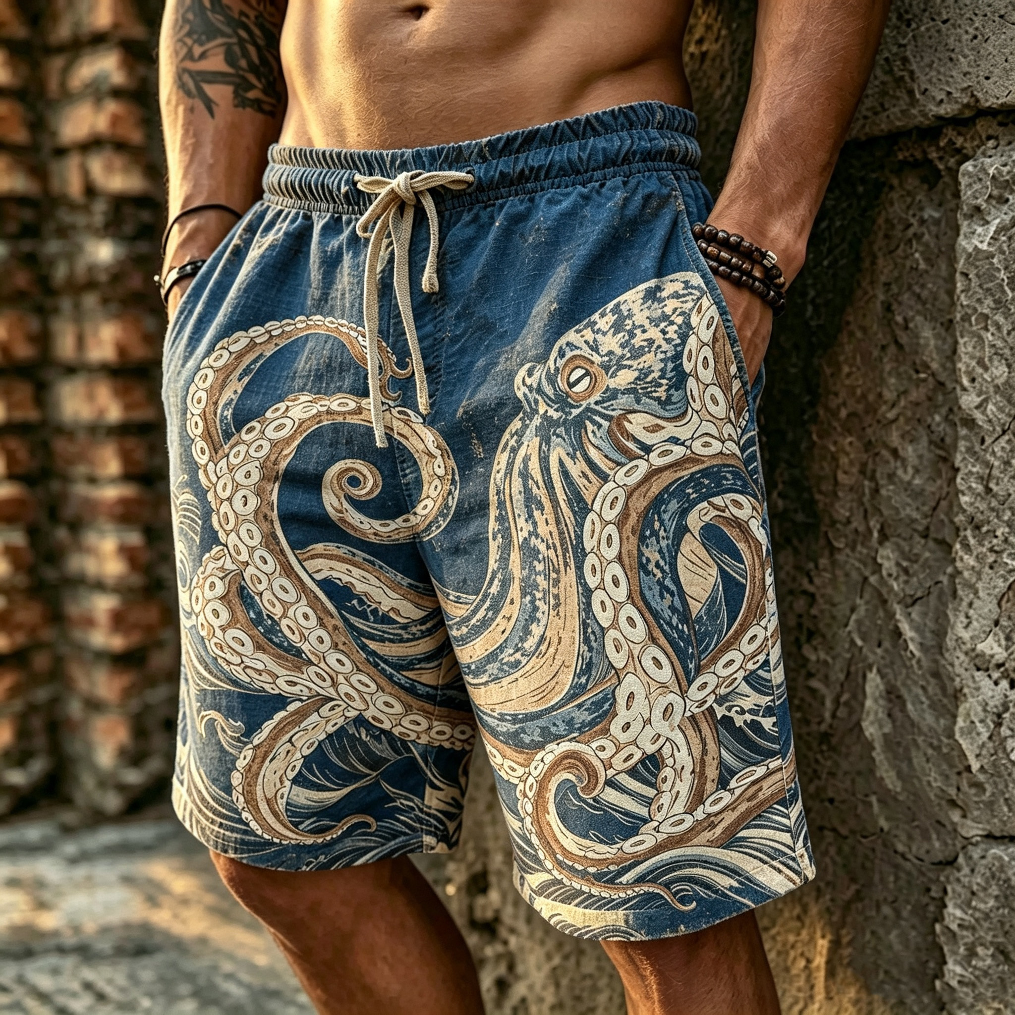 Men's Retro Japanese Art Octopus Print Cotton Linen Casual Shorts