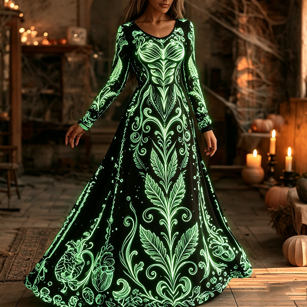 Women's Halloween Vintage Fluorescent Human Skeleton Art Velvet Crew Neck Dress