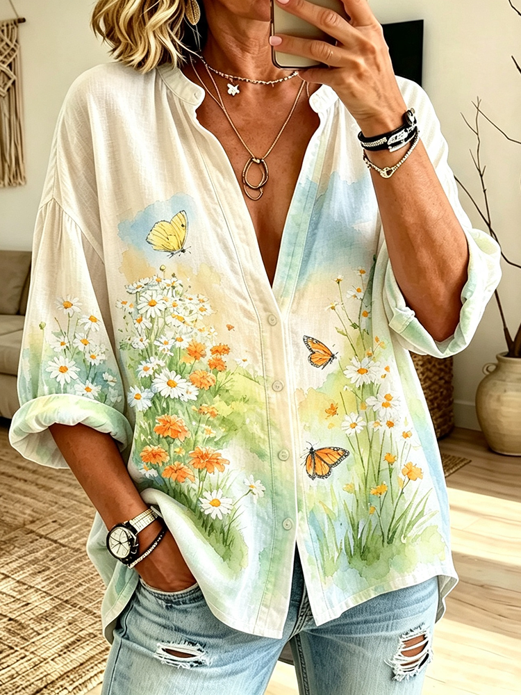 Women's V-neck Long-sleeve Blouse With Watercolor Wildflowers And Butterflies Print