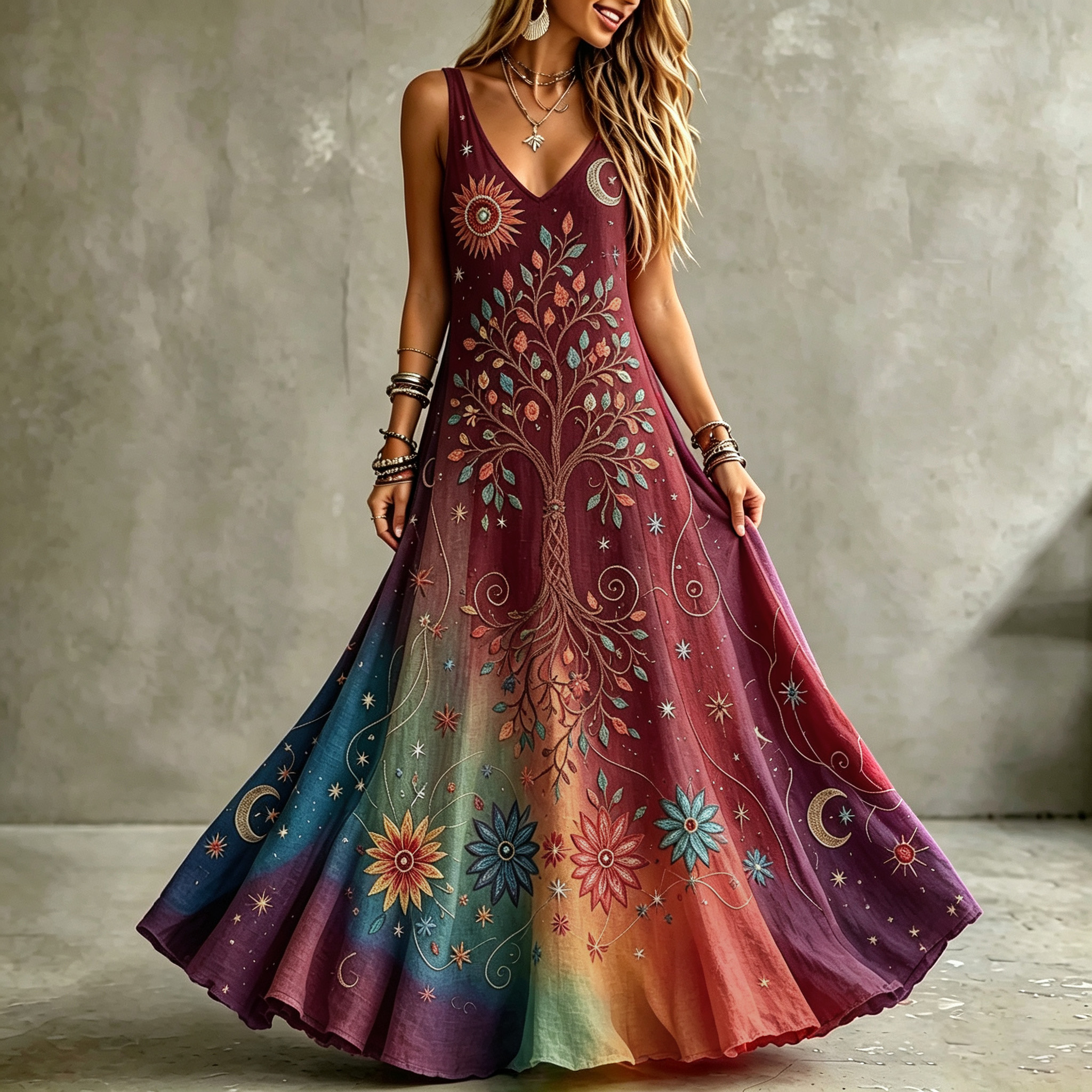 Women's Retro Sun Moon With Tree Of Life Color Gradient Art Pattern Tanks Dress