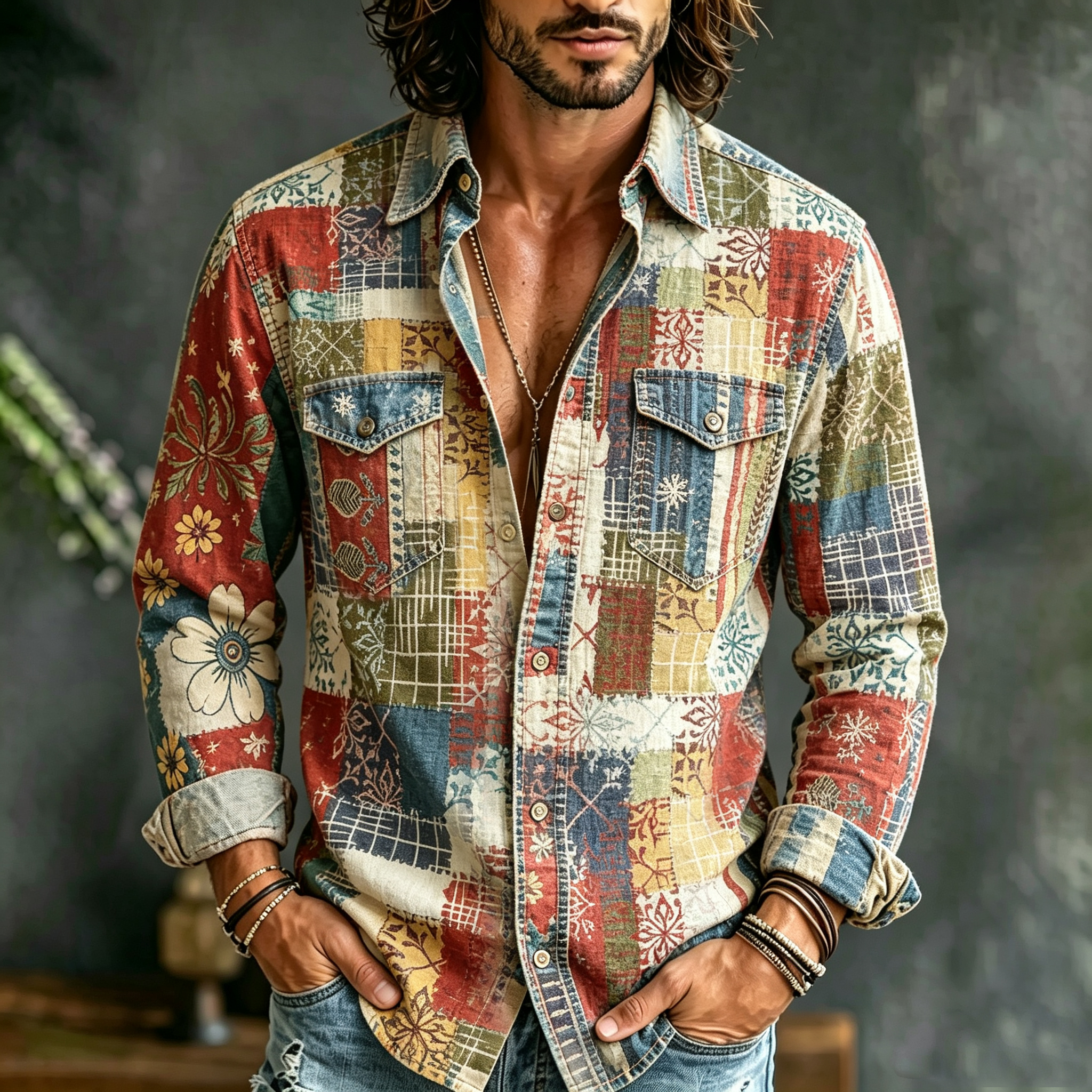 Men's Hippie Retro Distressed Ethnic Patchwork Printed Cotton And Linen Long-sleeved Shirt