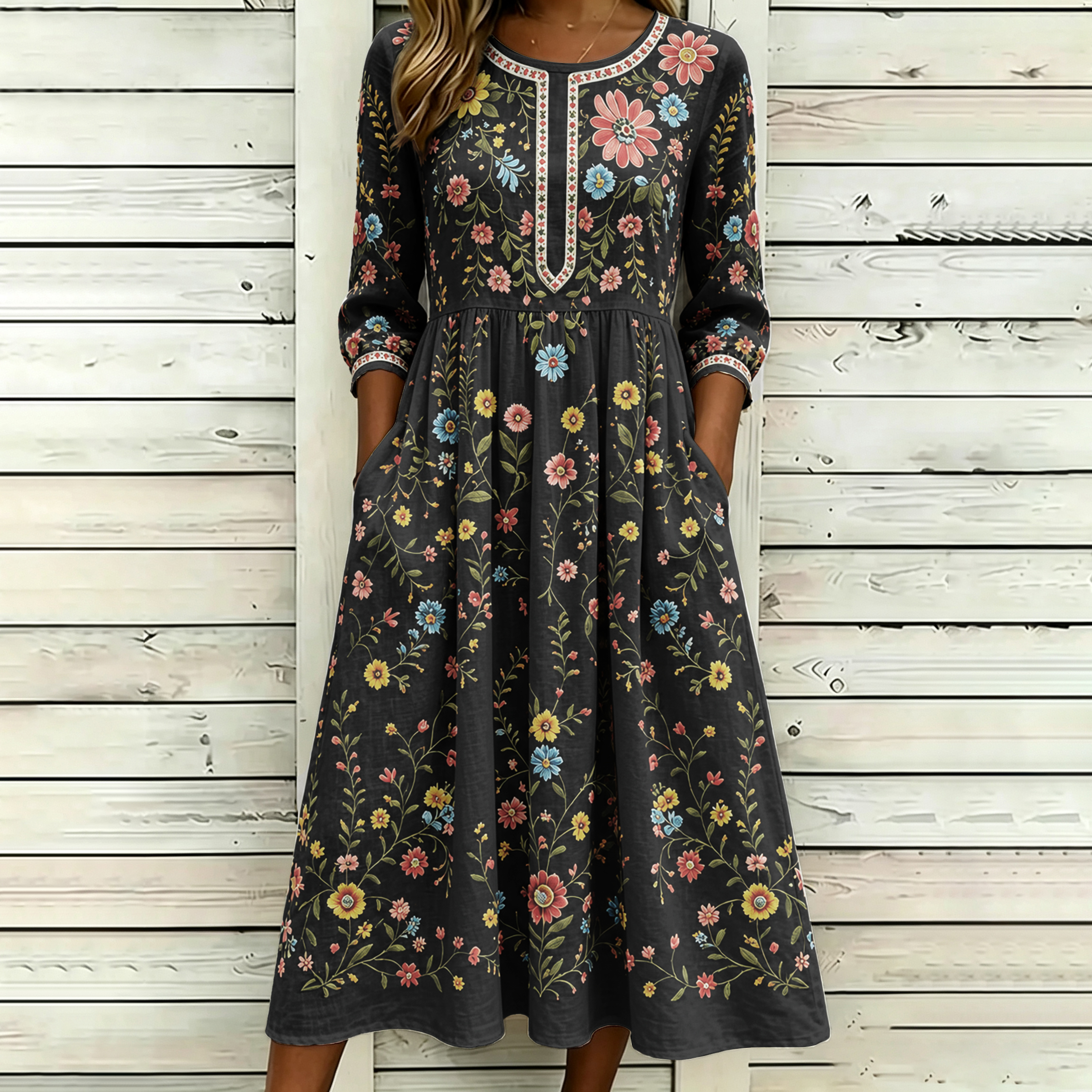 Women's Vintage Floral Pattern Art Printed Linen Blend Dress