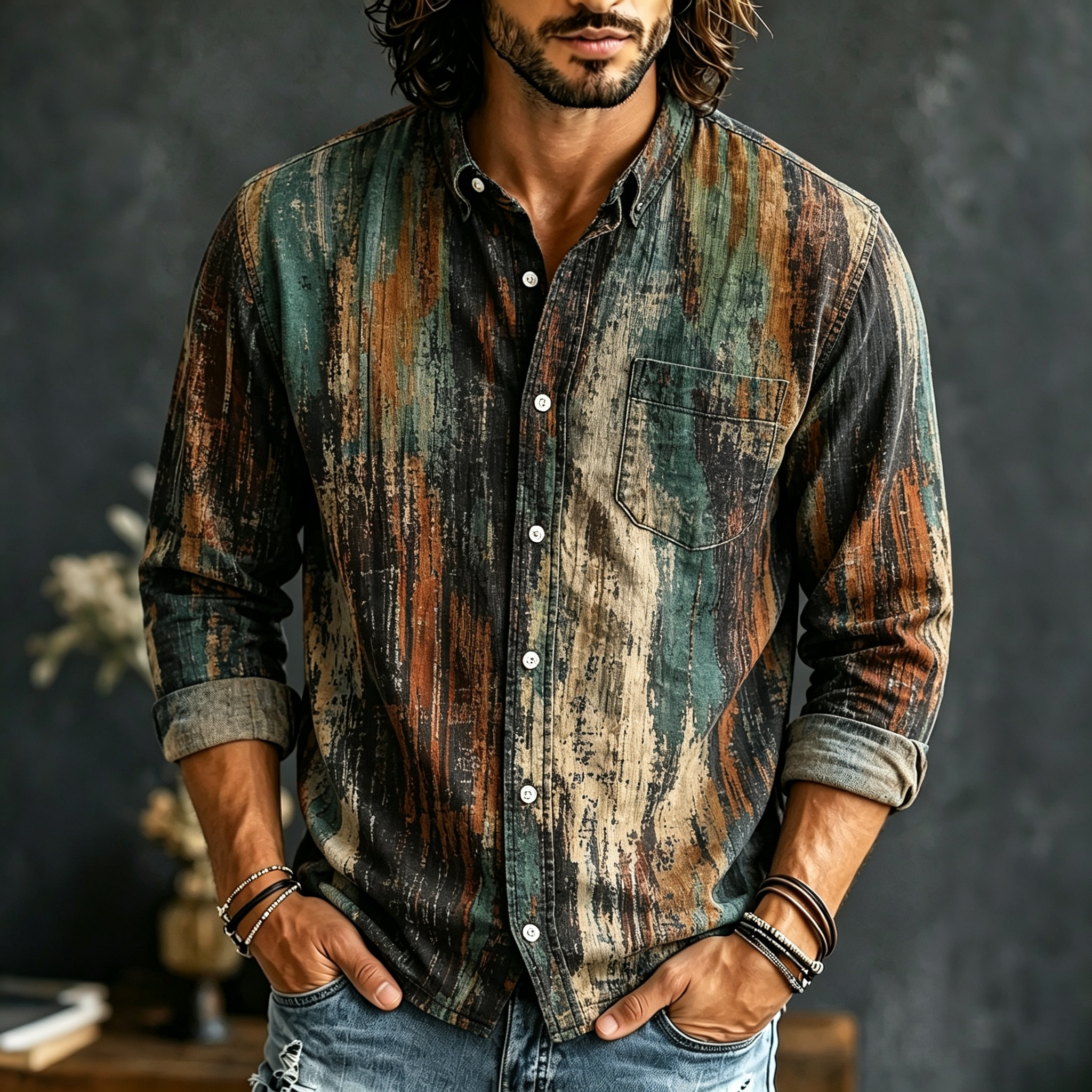 Men's Retro Print Long-sleeve Cotton Linen Shirt