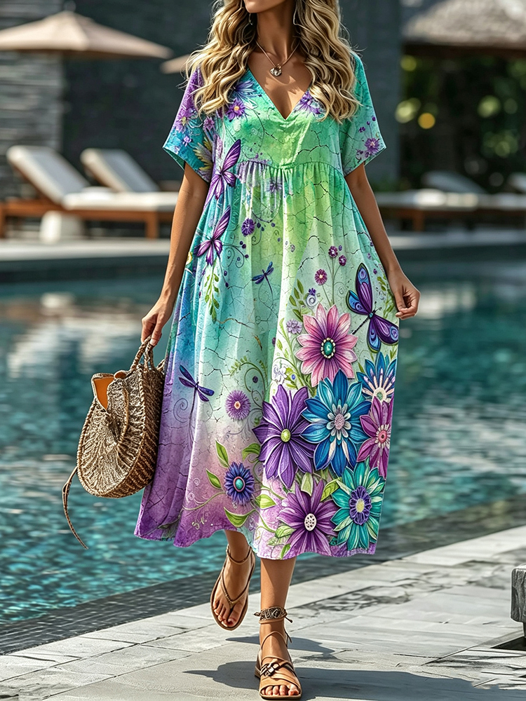 Women's Retro Vacation Floral Dragonfly Tie-dye Gradient Print V-neck Short Sleeve Dress