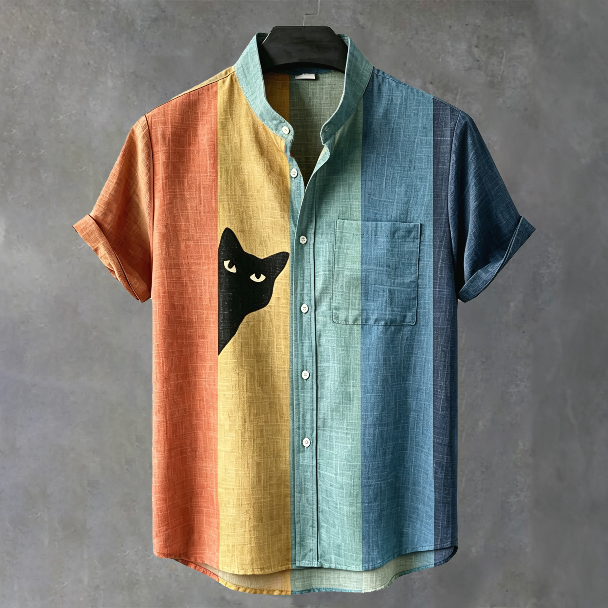 Men's Vintage Black Cat Contrast Stripes Art Short Sleeve Shirt