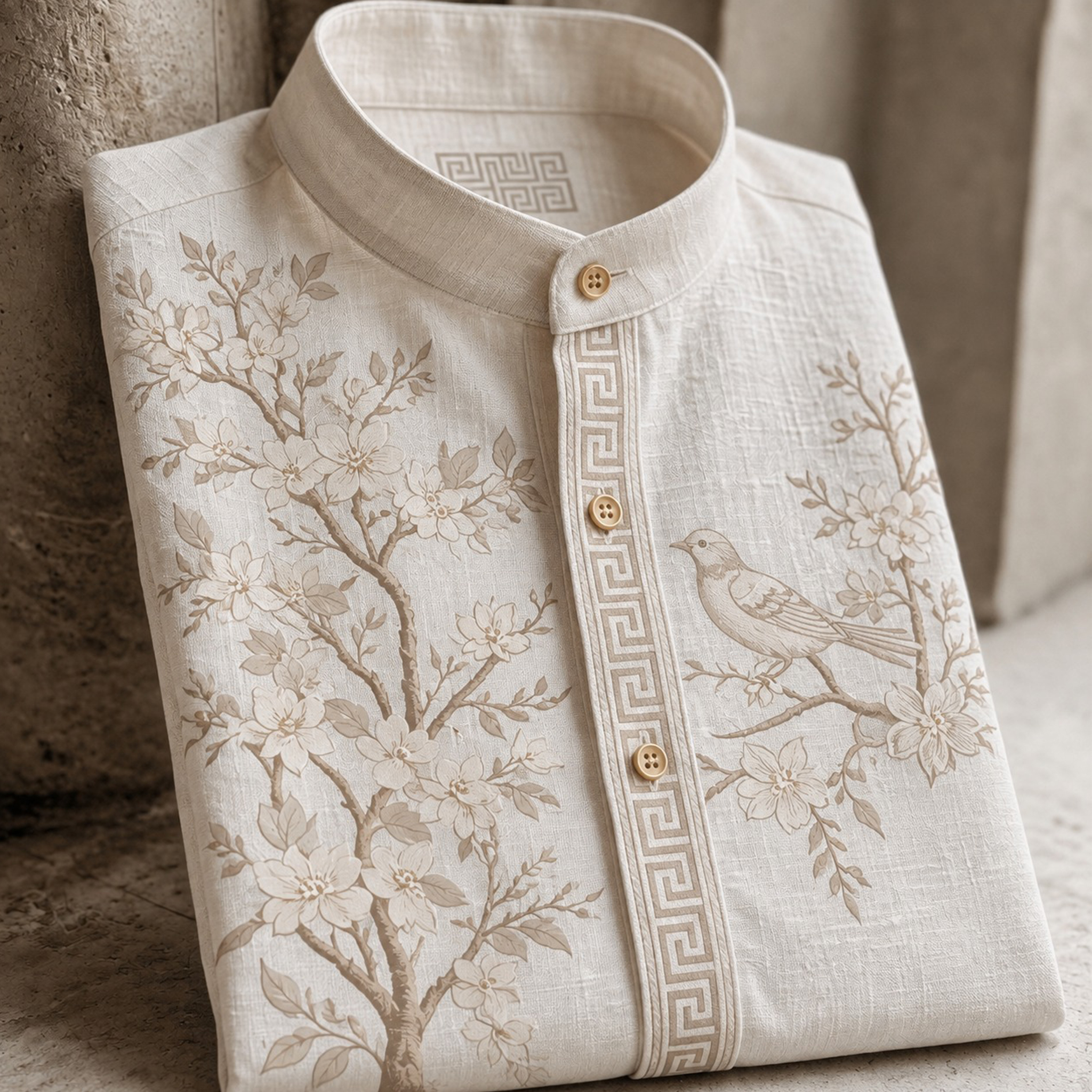 Retro Cherry Blossom And Bird Pattern Short-sleeve Shirt