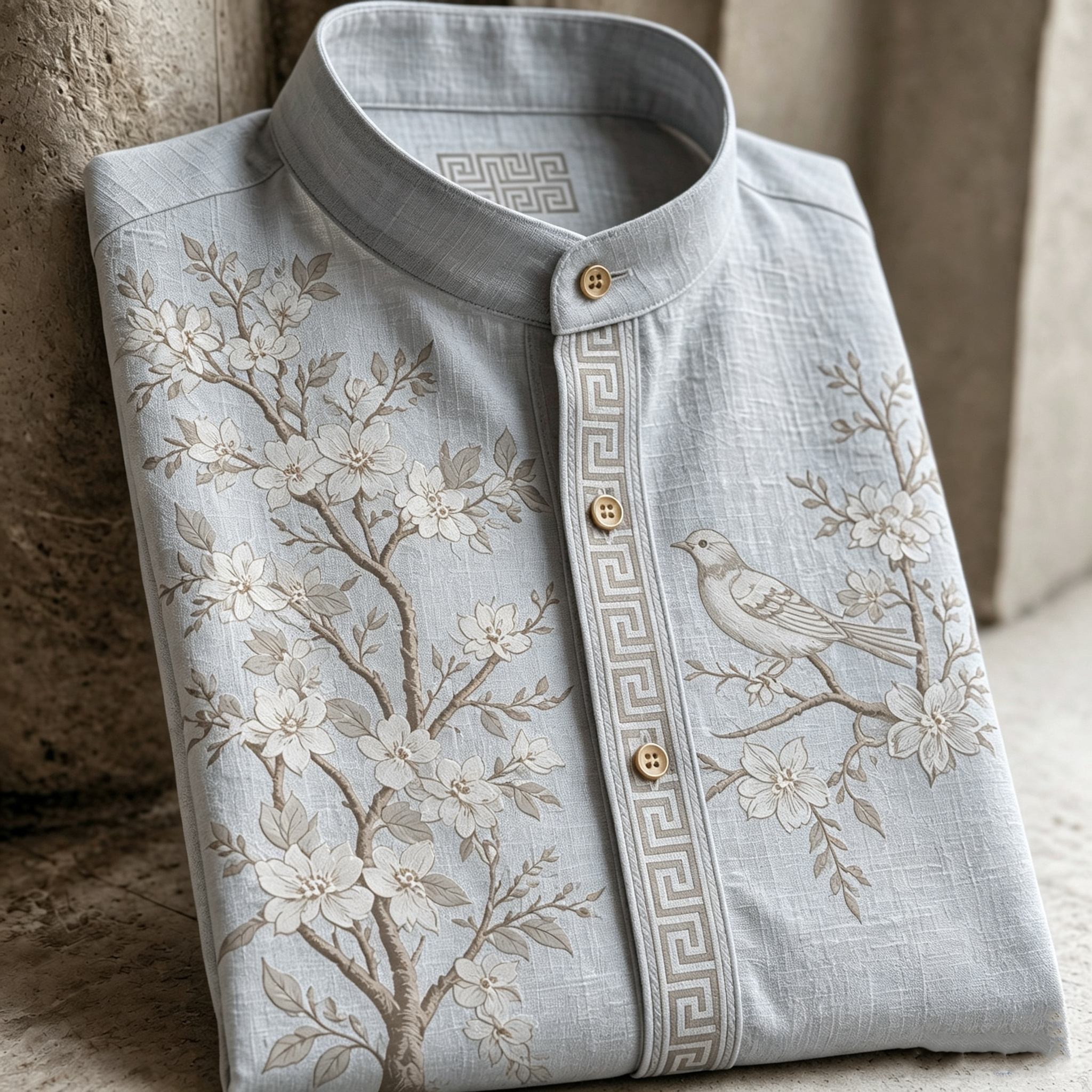 Retro Cherry Blossom And Bird Pattern Short-sleeve Shirt
