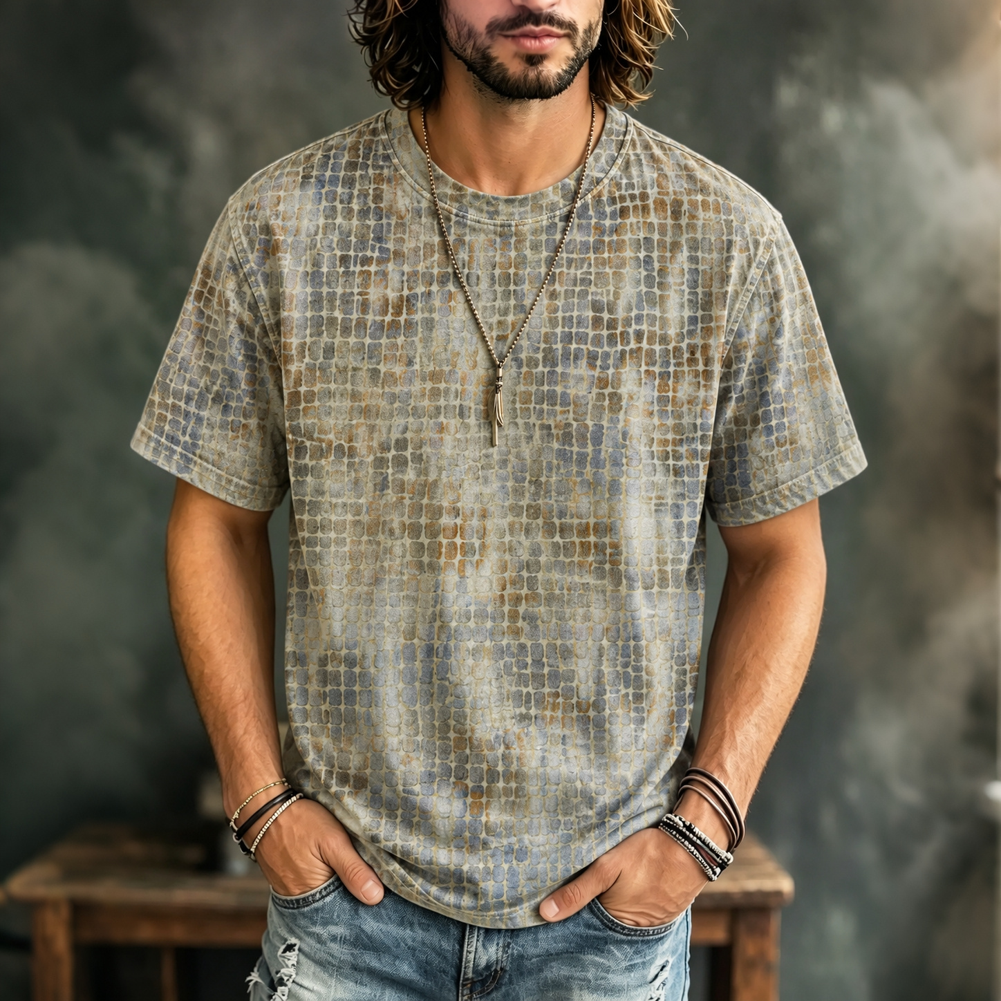 Men's Retro Geometric Gradient Art Print Casual T-shirt