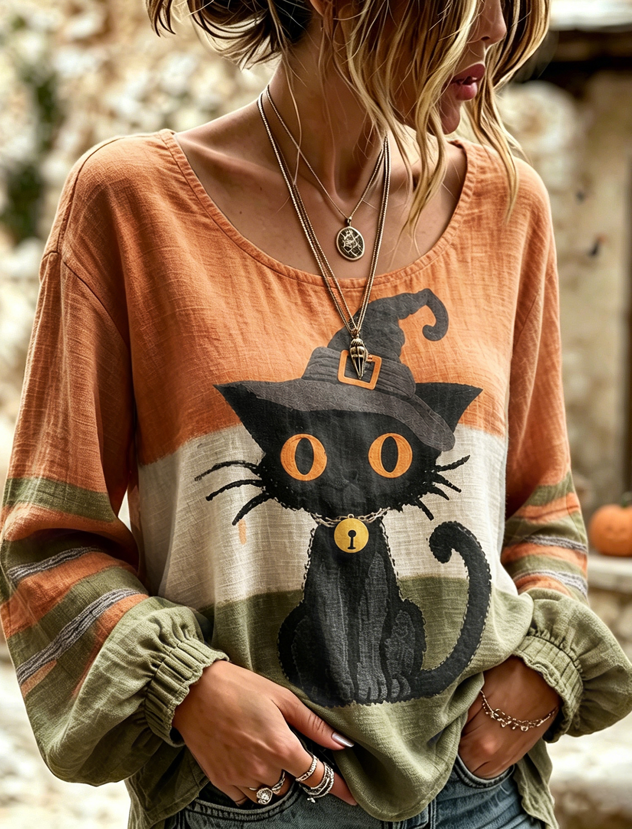 Women's Vintage Halloween Wizard Cat Art Printed Linen Blend Round Neck Long Sleeve Tops