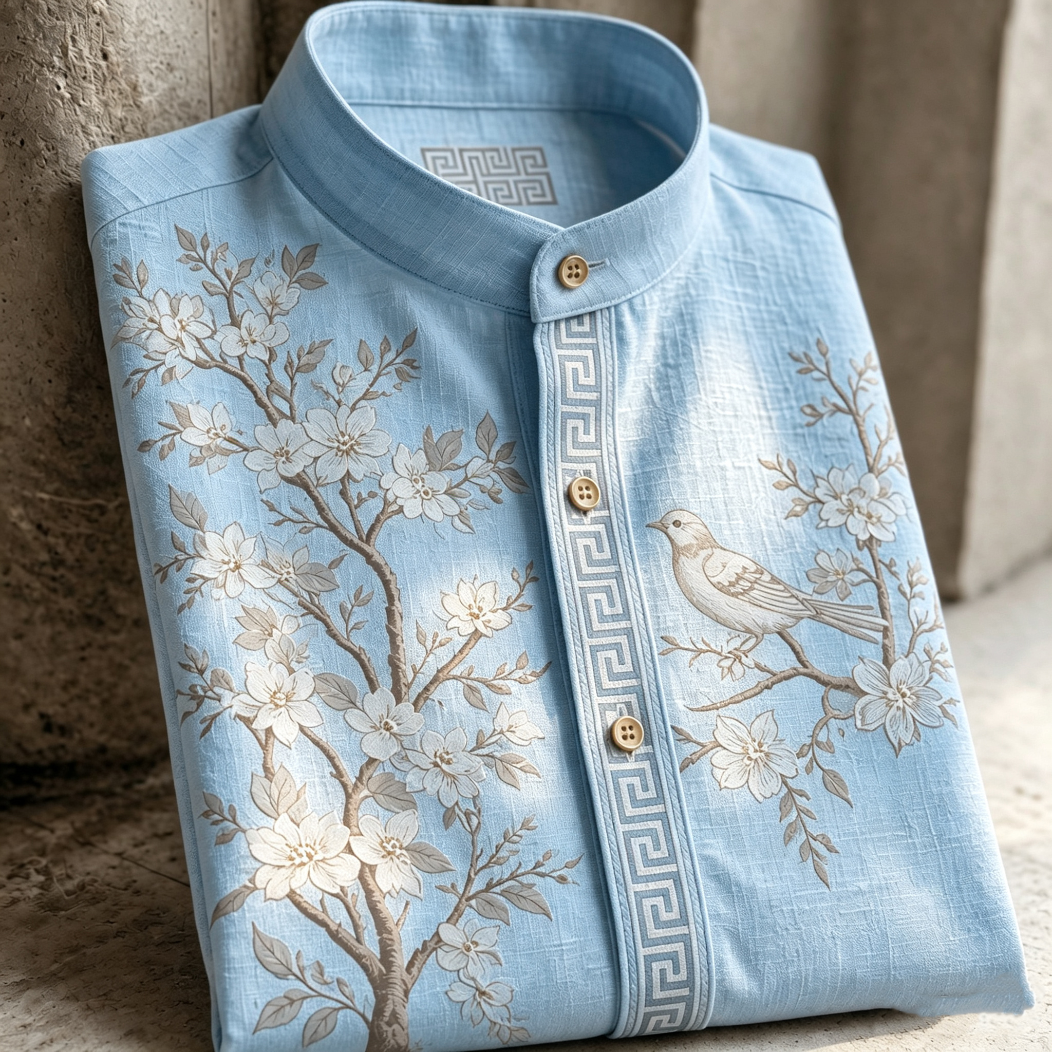 Retro Cherry Blossom And Bird Pattern Short-sleeve Shirt