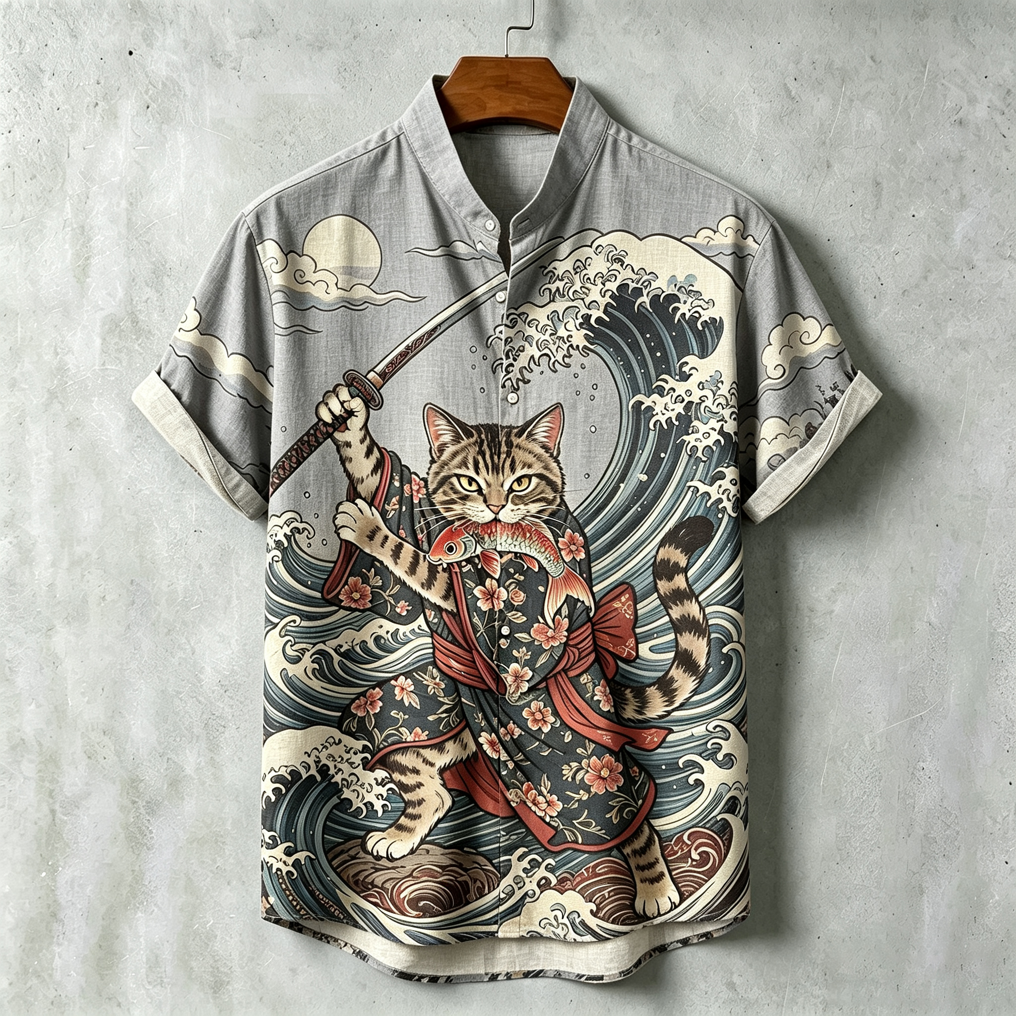 Men's Samurai Wave Print Short-sleeve Cotton Linen Shirt
