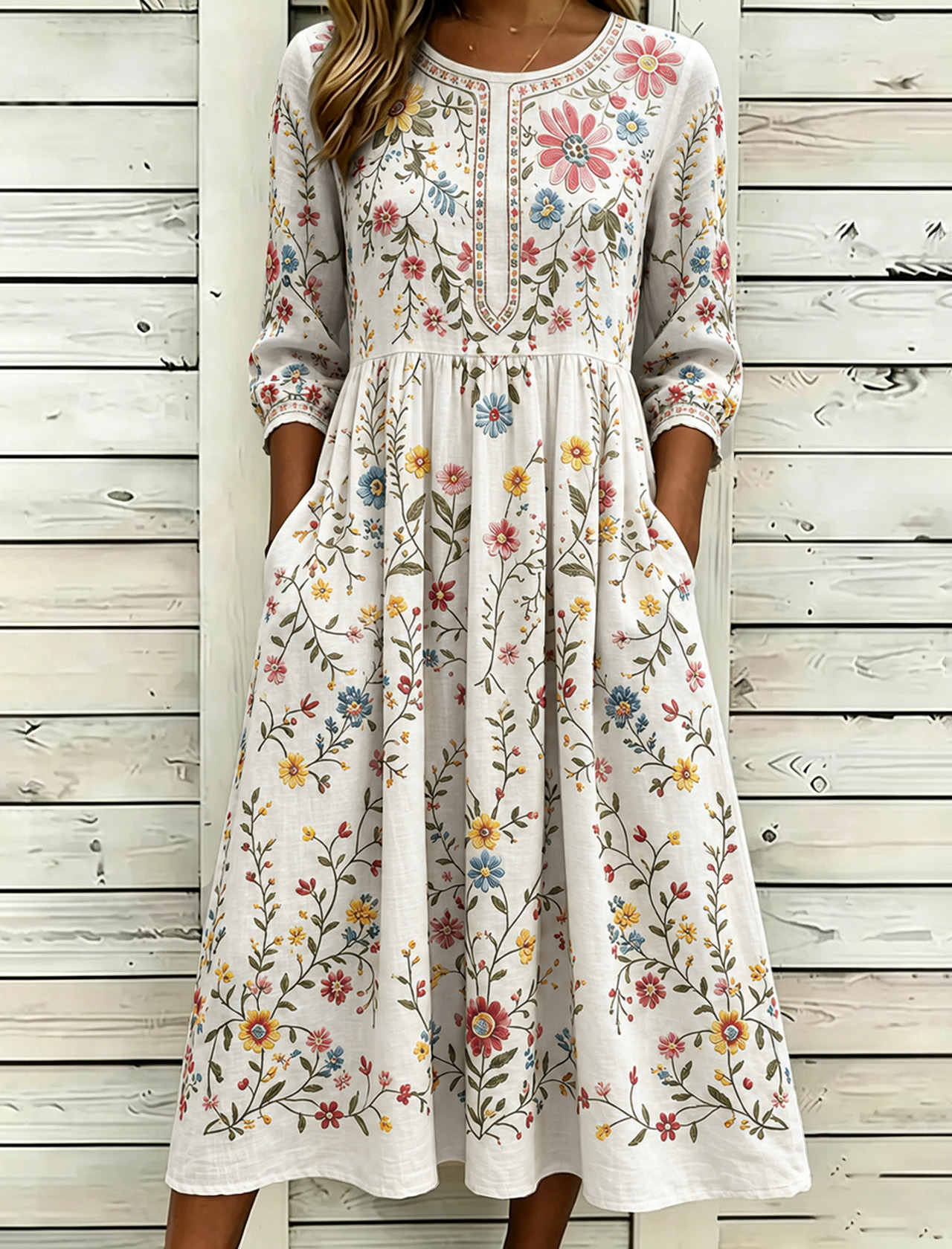 Women's Vintage Floral Pattern Art Printed Linen Blend Dress