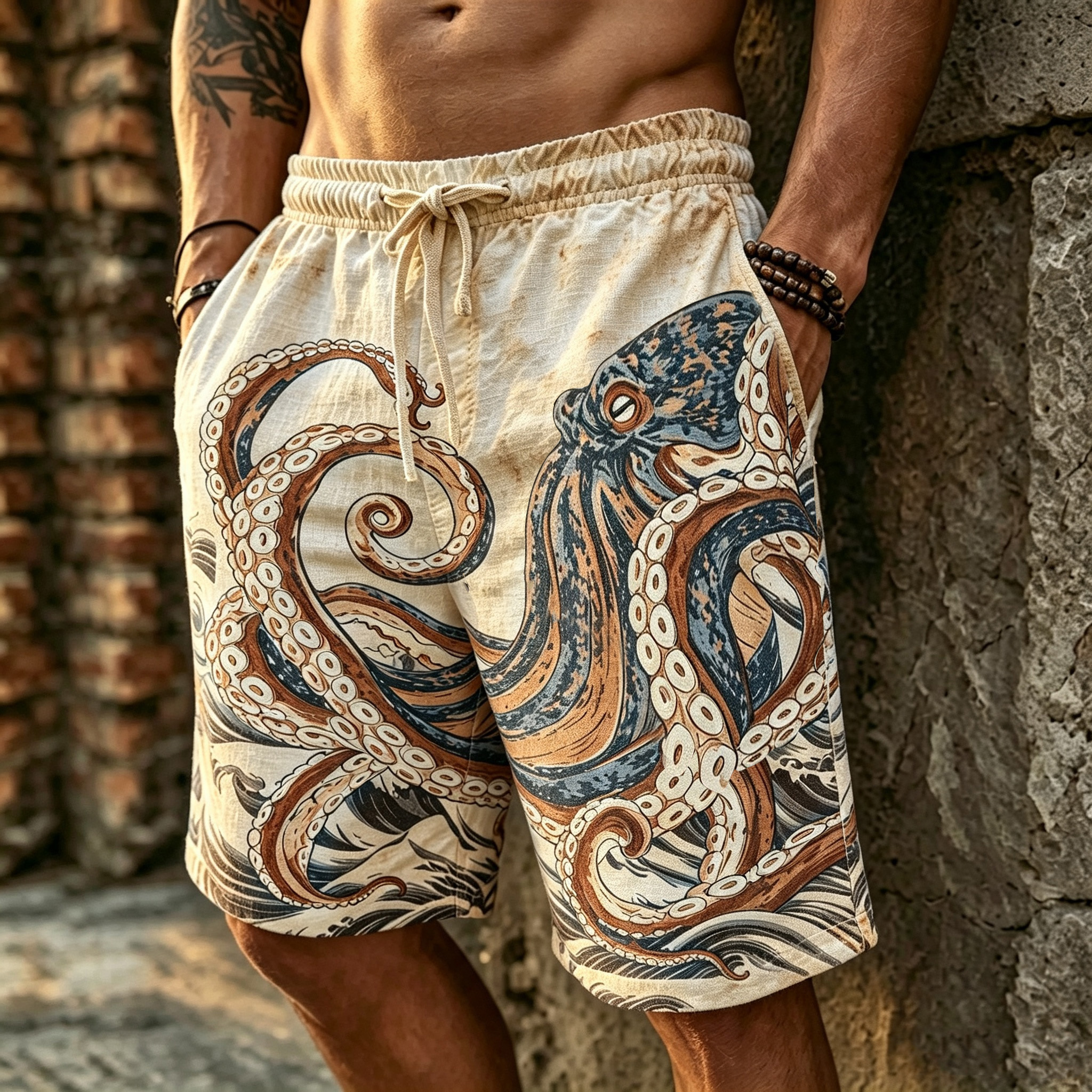 Men's Retro Japanese Art Octopus Print Cotton Linen Casual Shorts