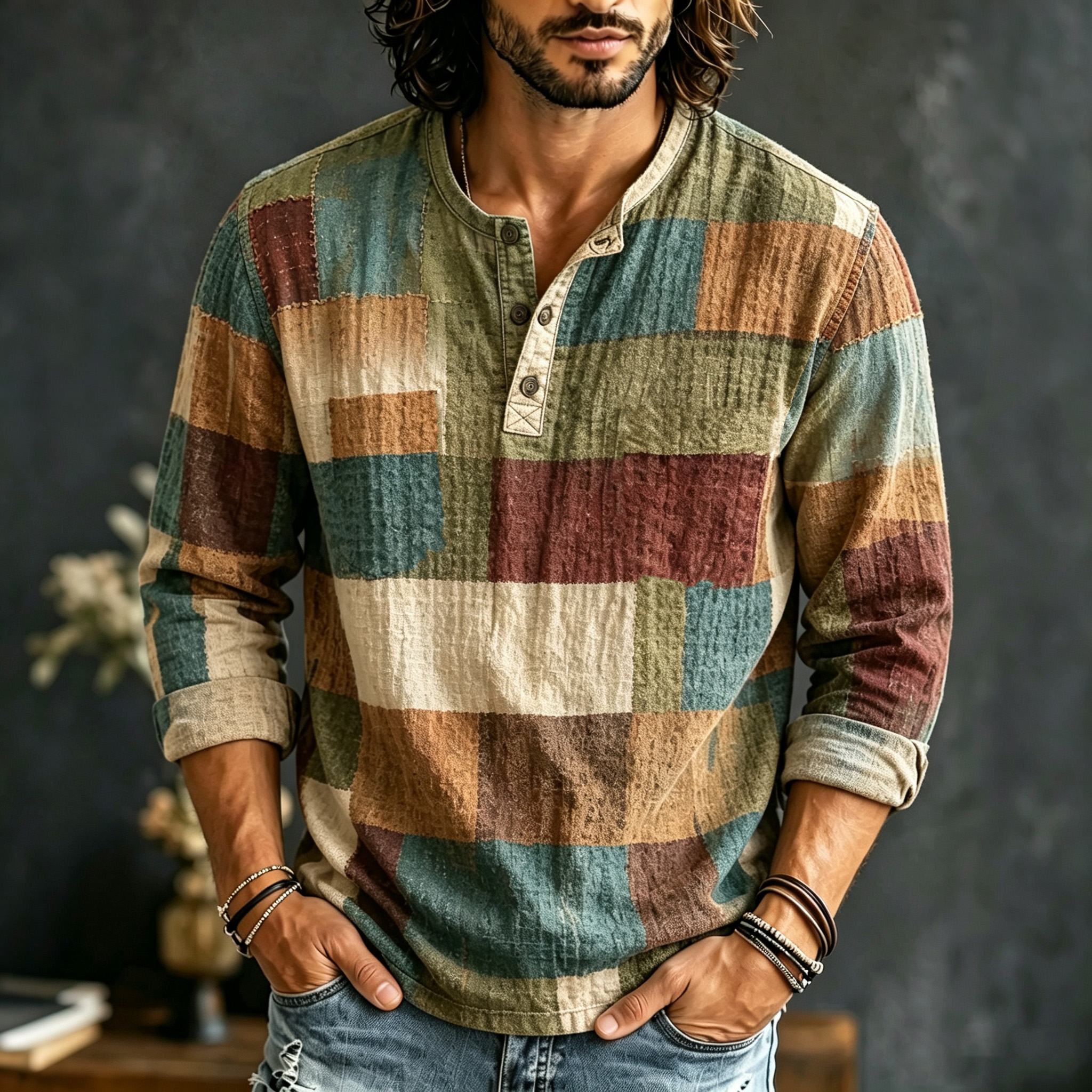 Men's Retro Plaid Color Block Print Long-sleeve Cotton Linen Top