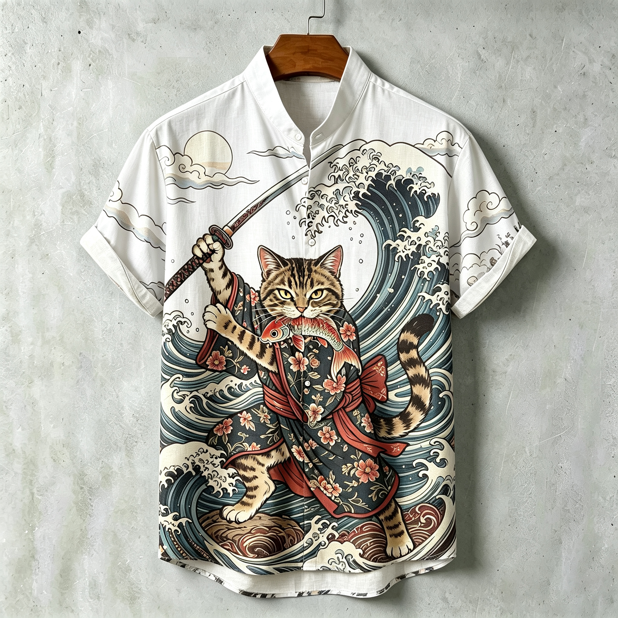 Men's Samurai Wave Print Short-sleeve Cotton Linen Shirt