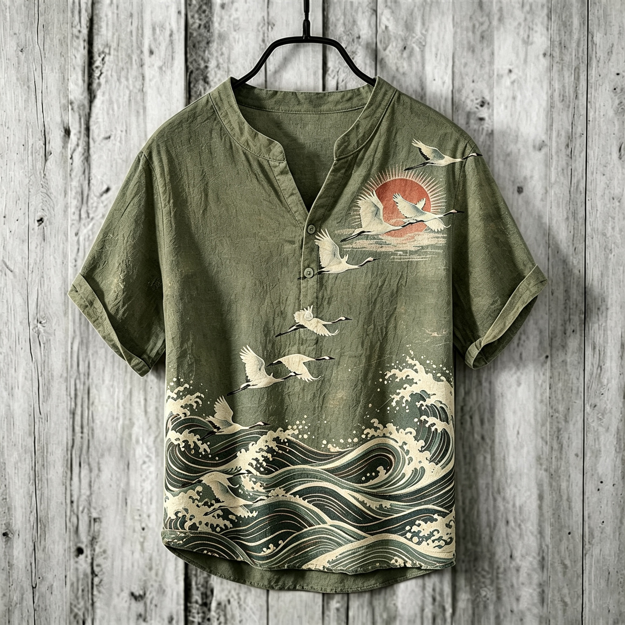 Men's Retro Japanese Art Ukiyo-e Crane And Wave Print Cotton Linen Top
