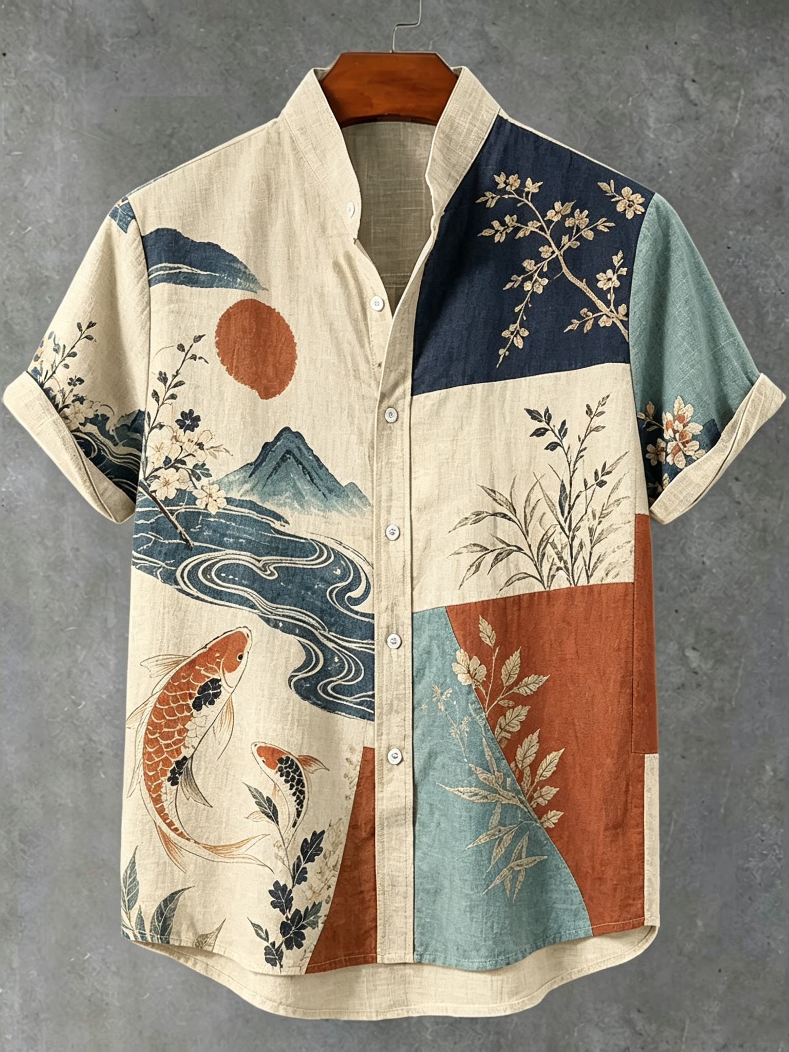 Men's Retro Color Block Koi Landscape Floral Print Short-sleeve Cotton Linen Shirt