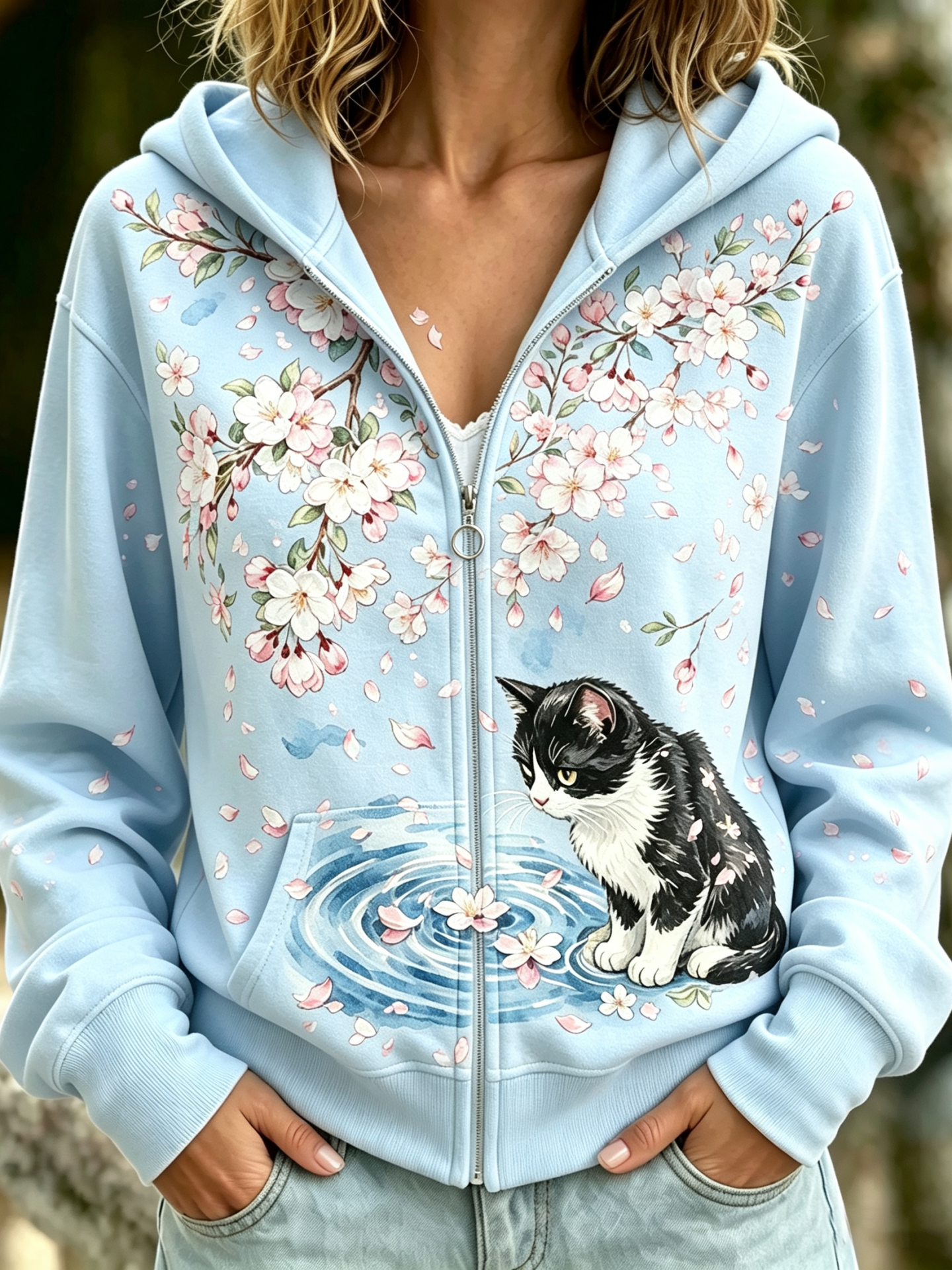 Women's Retro Cherry Blossoms And Cats Print Casual Warm Zip-up Hoodie