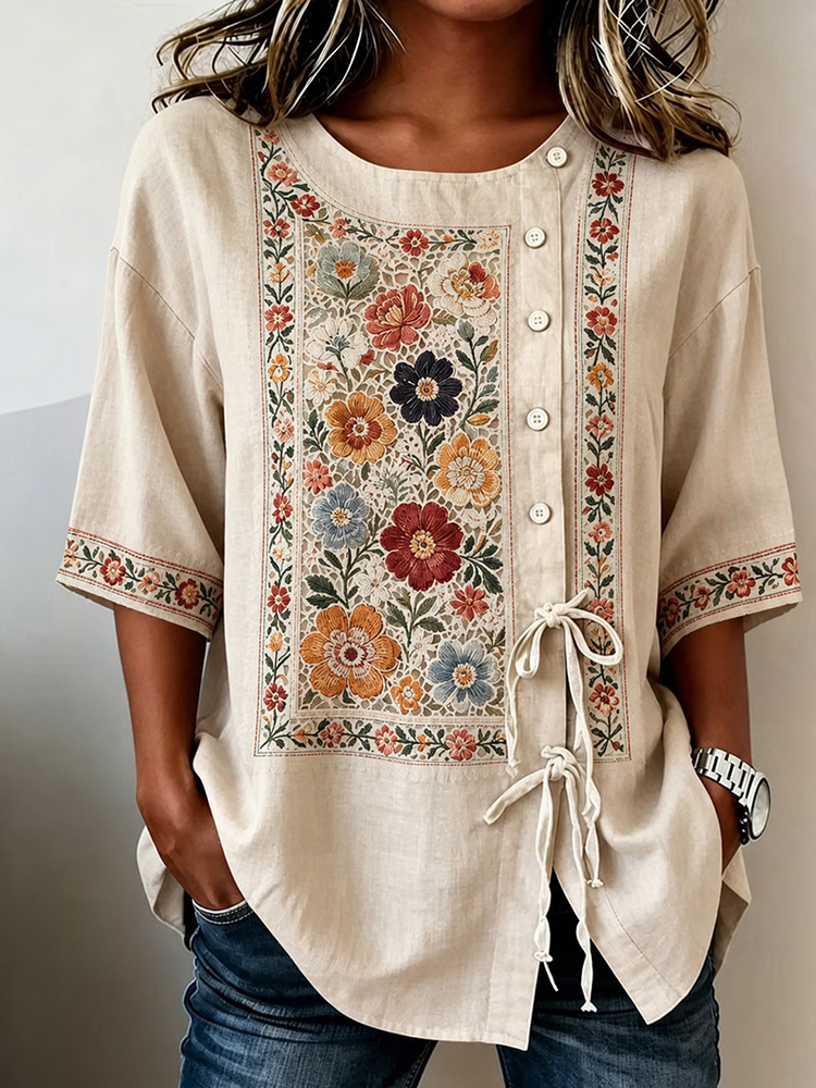 Women's Retro Bohemian Floral Design Short-sleeve Top