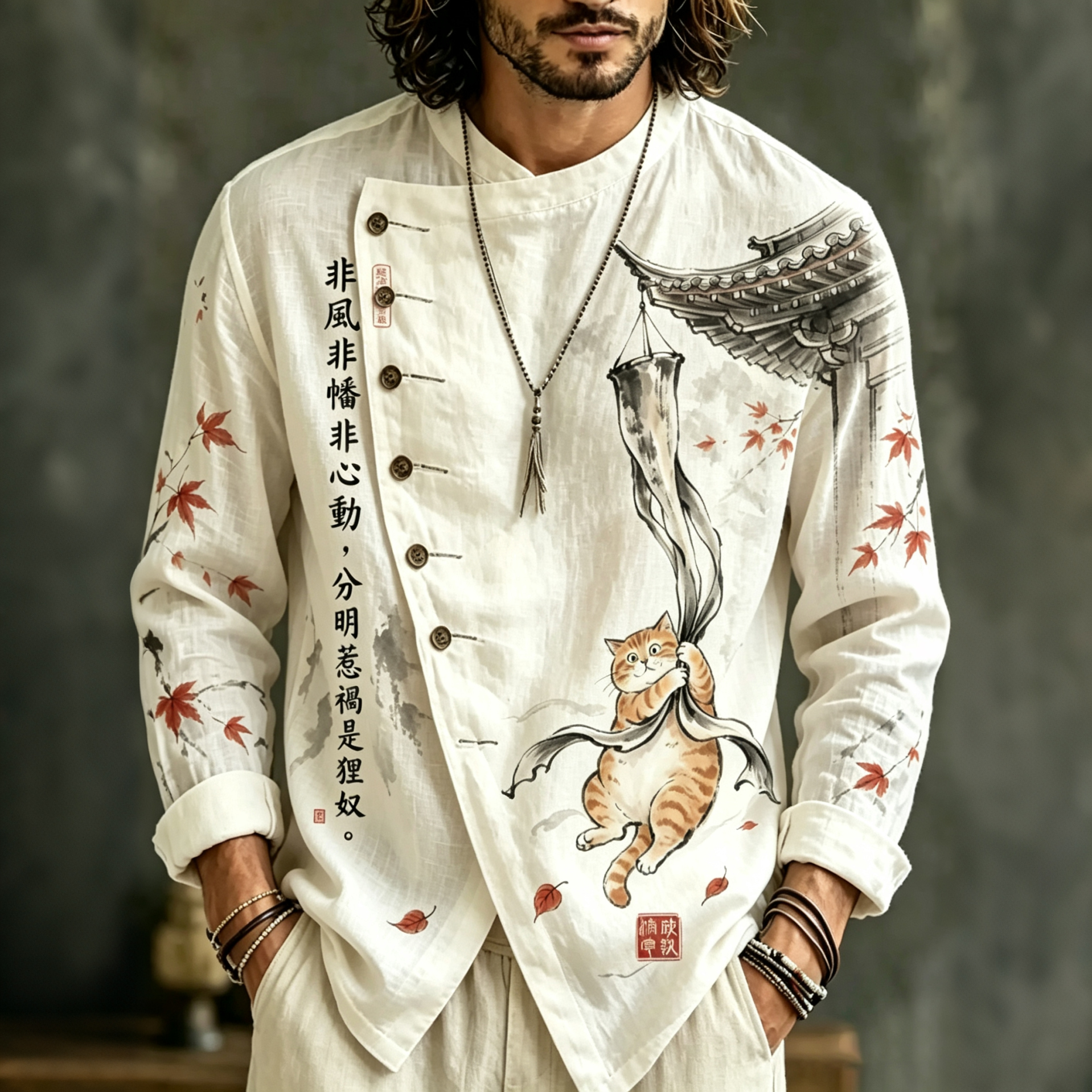 Men's Vintage Japanese Cat Art Print Flowy Linen Blend Casual Asymmetric Shirts