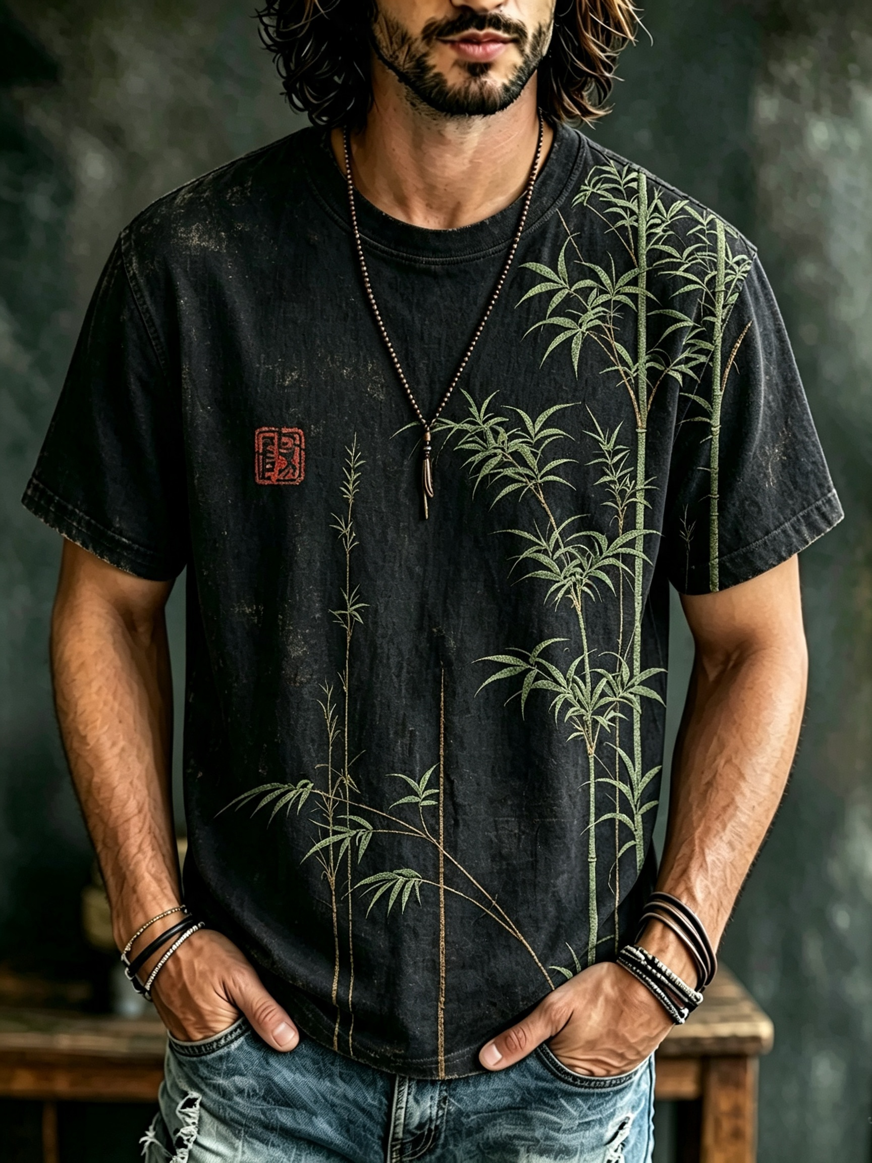 Men's Bamboo Japanese Art Print Casual T Shirt