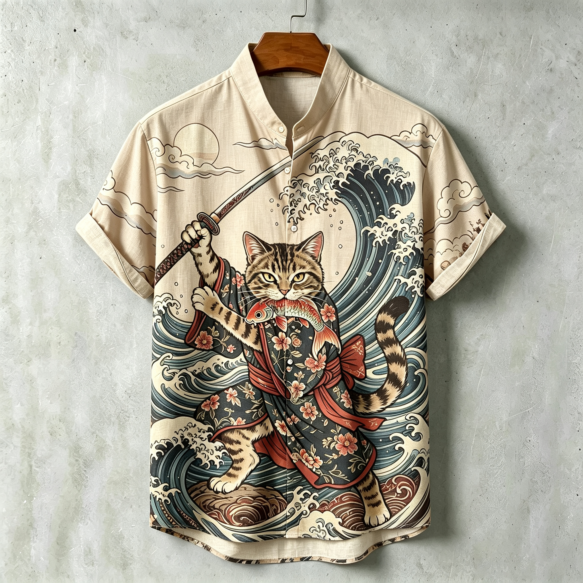 Men's Samurai Wave Print Short-sleeve Cotton Linen Shirt