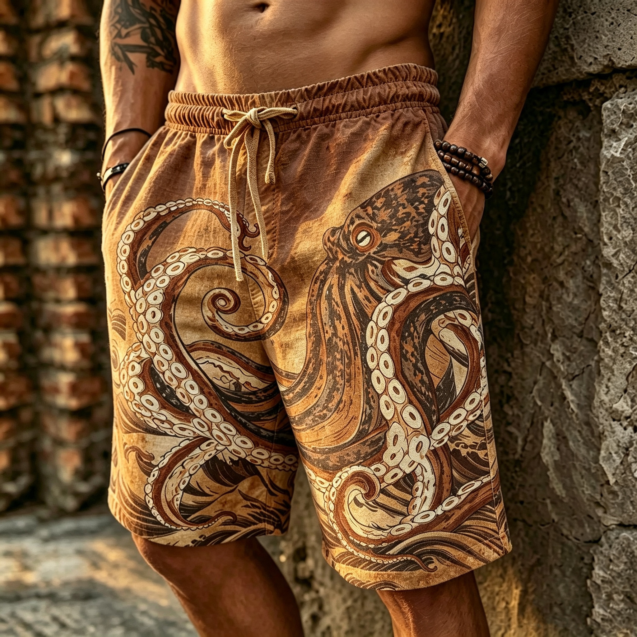 Men's Retro Japanese Art Octopus Print Cotton Linen Casual Shorts