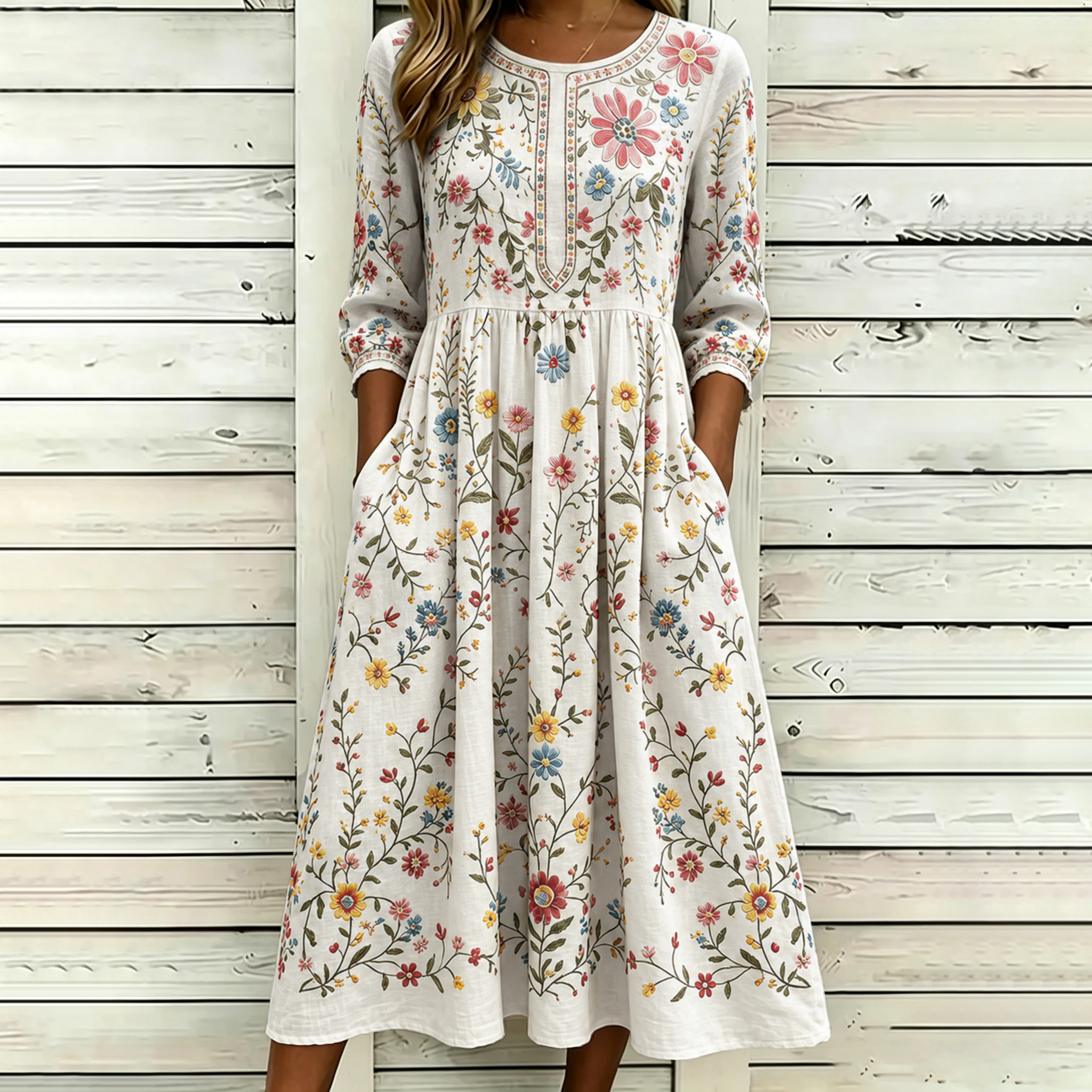 Women's Vintage Floral Pattern Art Printed Linen Blend Dress