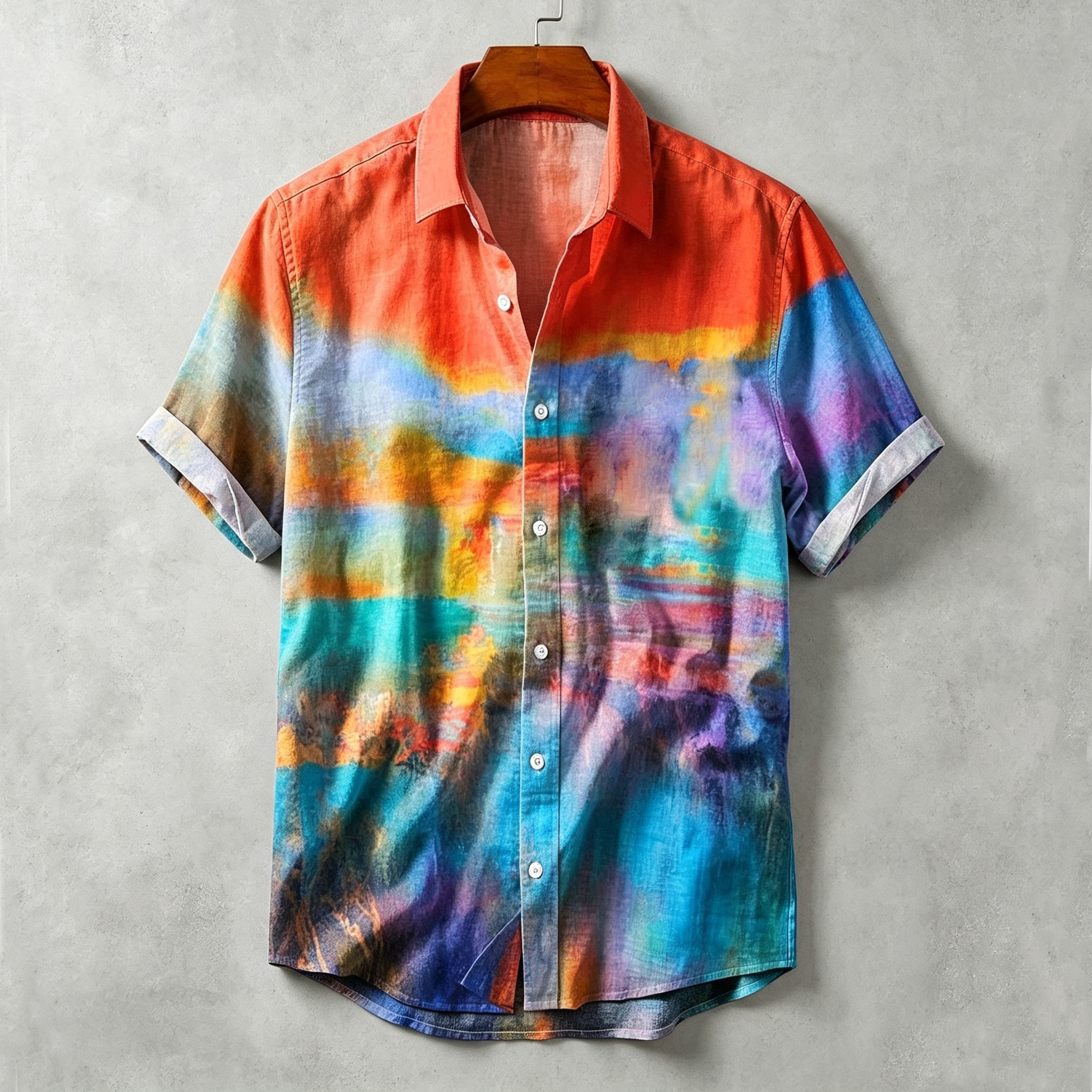 Men's Abstract Sunset Color Gradient Pattern Art Print Cotton Linen Short-sleeve Shirt