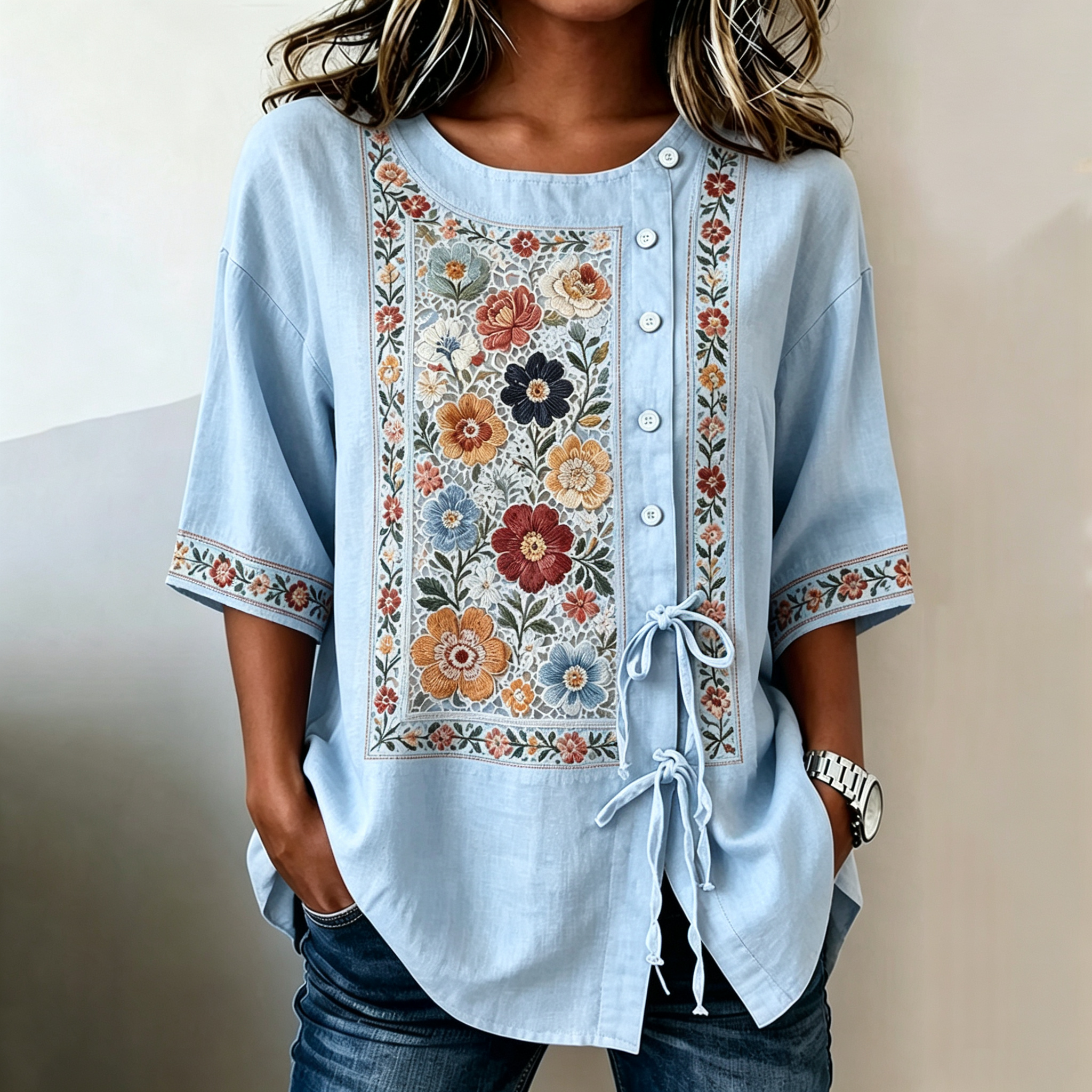Women's Retro Bohemian Floral Design Short-sleeve Top