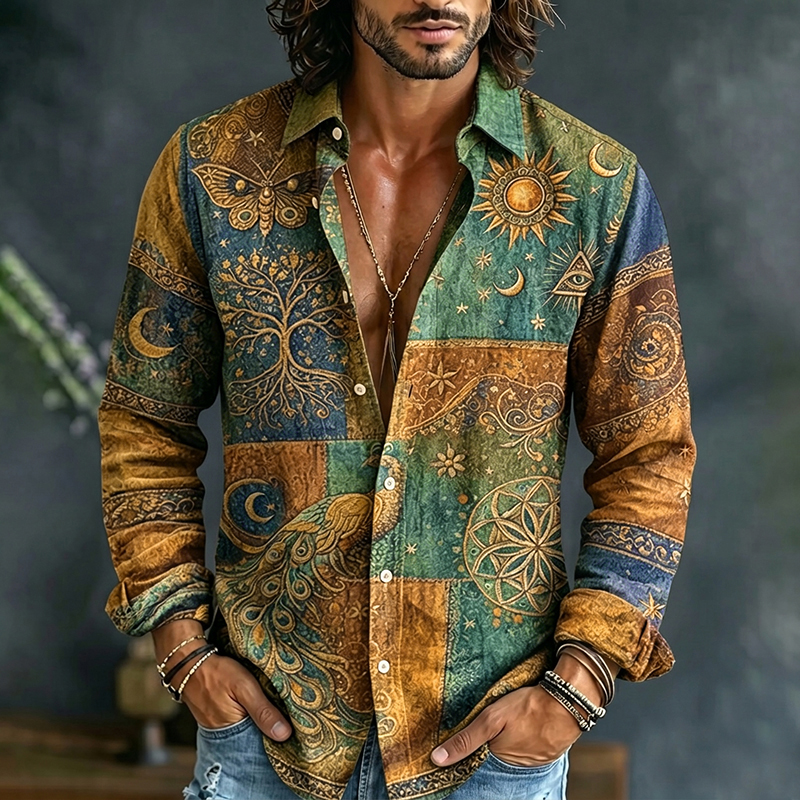 Men's Mystical Hippie Style Peacock Sun And Moon Art Print Long Sleeve Shirt
