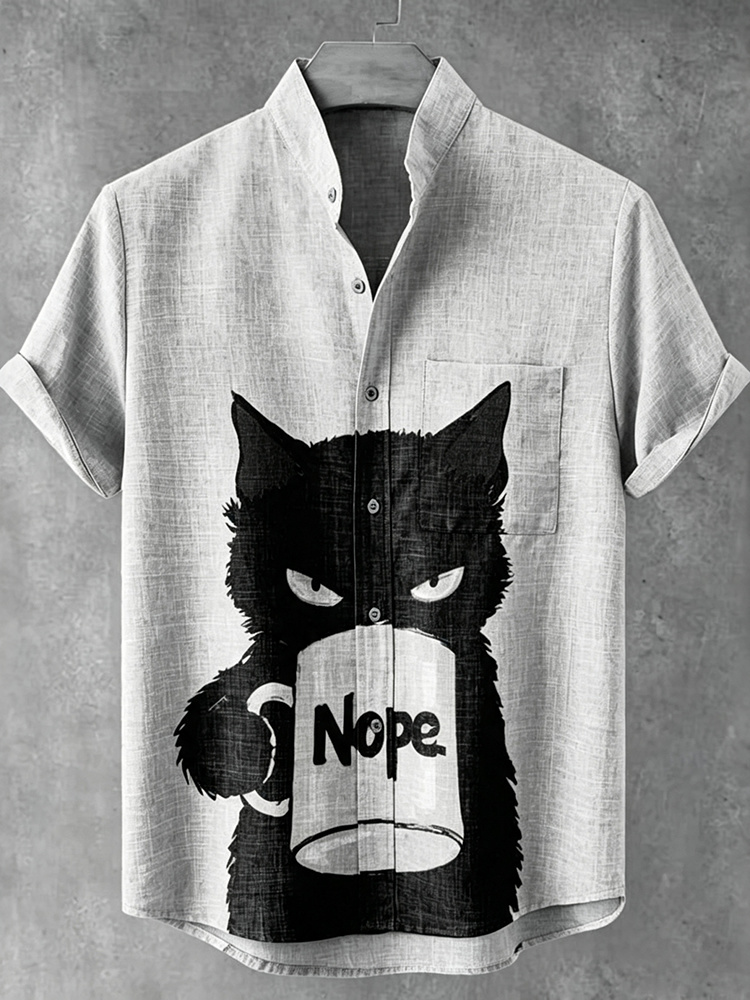 Men's Nope Cat With Coffee Art Casual Short Sleeve Shirts