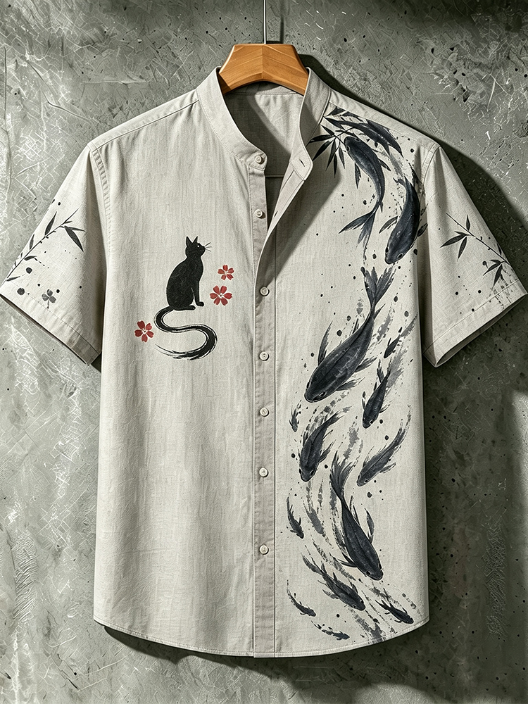 Men's Short Sleeve Mandarin Collar Shirt - Black Cat, Red Flowers And Ink Wash Fish School Print Casual Top