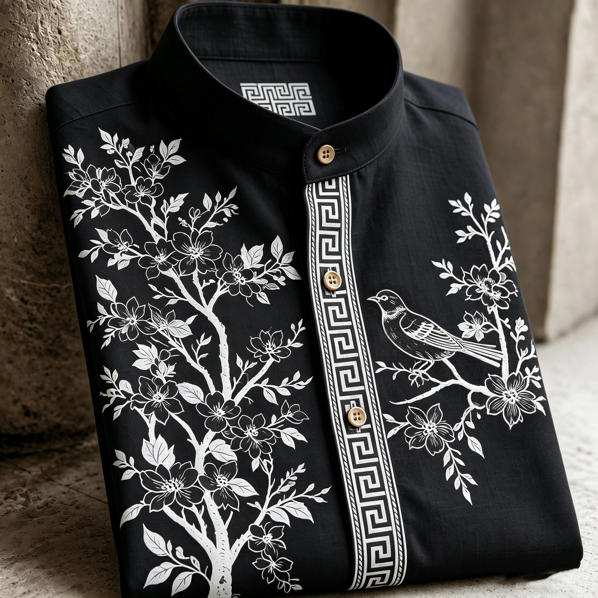 Retro Cherry Blossom And Bird Pattern Short-sleeve Shirt