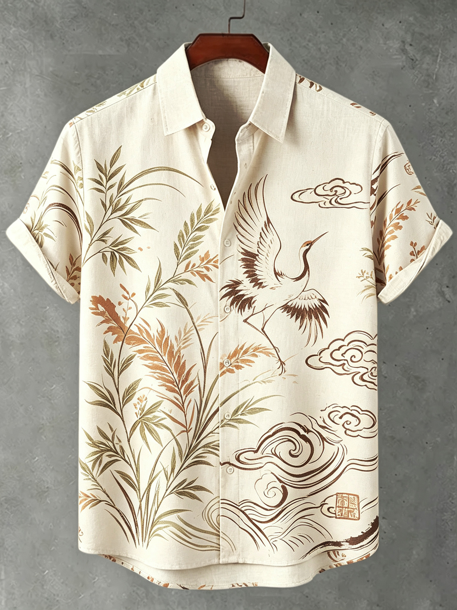 Men's Retro Japanese Crane And Floral Print Linen Blend Short-sleeve Shirt
