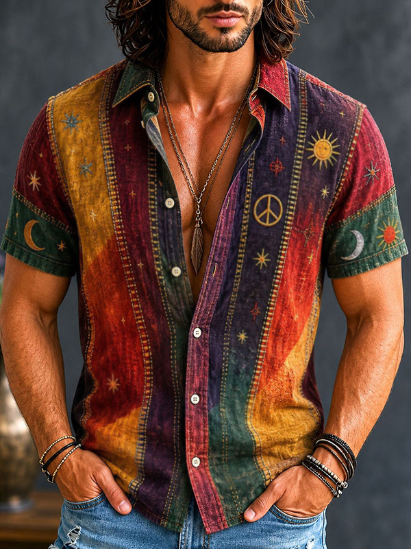 Men's Vintage Patchwork Peace Sign Sun Moon Star Art Print Cotton Linen Shirt