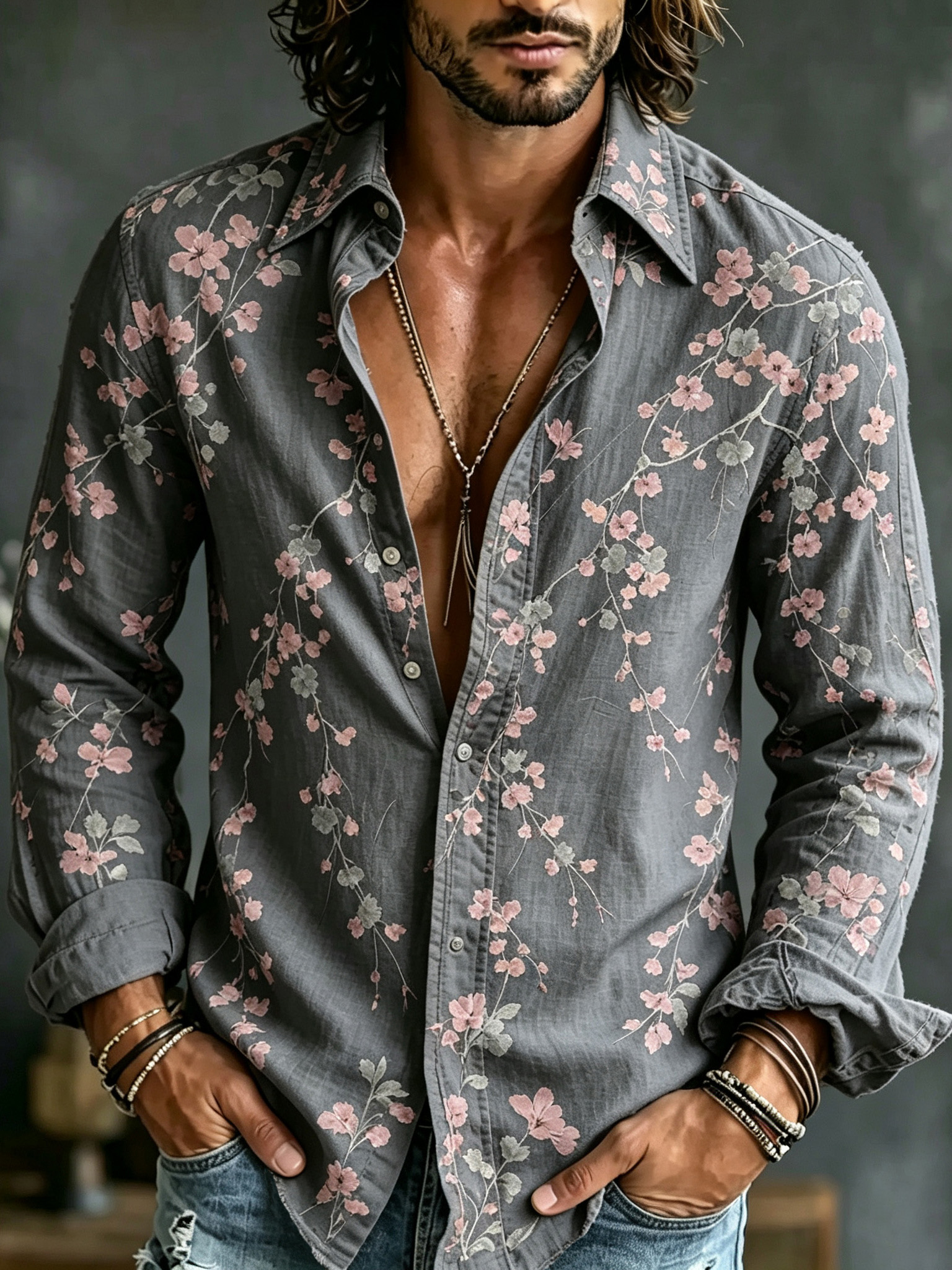 Men's Retro Floral Art Print Casual Cotton Linen Long-sleeved Shirt